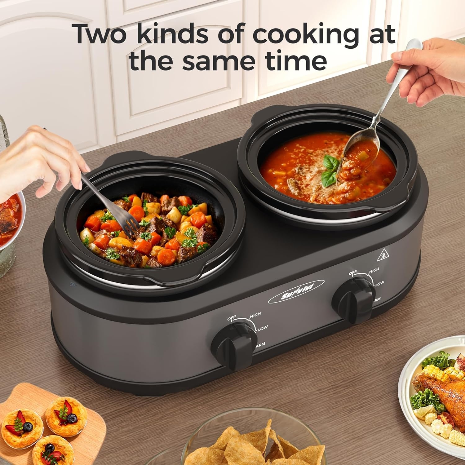 image:imageSunvivi Double Slow Cooker2 Pot Small Mini Crock Buffet Servers and WarmerDual Pot Oval Manual Slow Cooker with Adjustable Temp Removable Ceramic PotStainless Steel Total 2 125 Quarts BlackGray