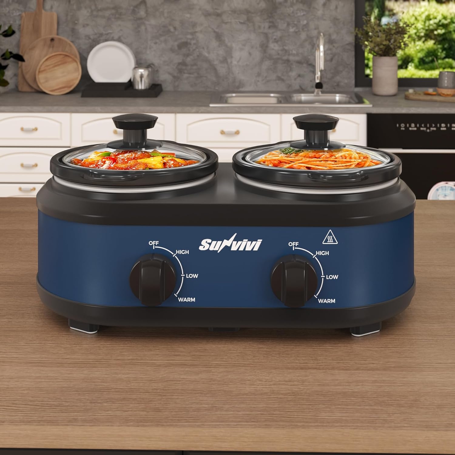 image:imageSunvivi Double Slow Cooker2 Pot Small Mini Crock Buffet Servers and WarmerDual Pot Oval Manual Slow Cooker with Adjustable Temp Removable Ceramic PotStainless Steel Total 2 125 Quarts Blackblue