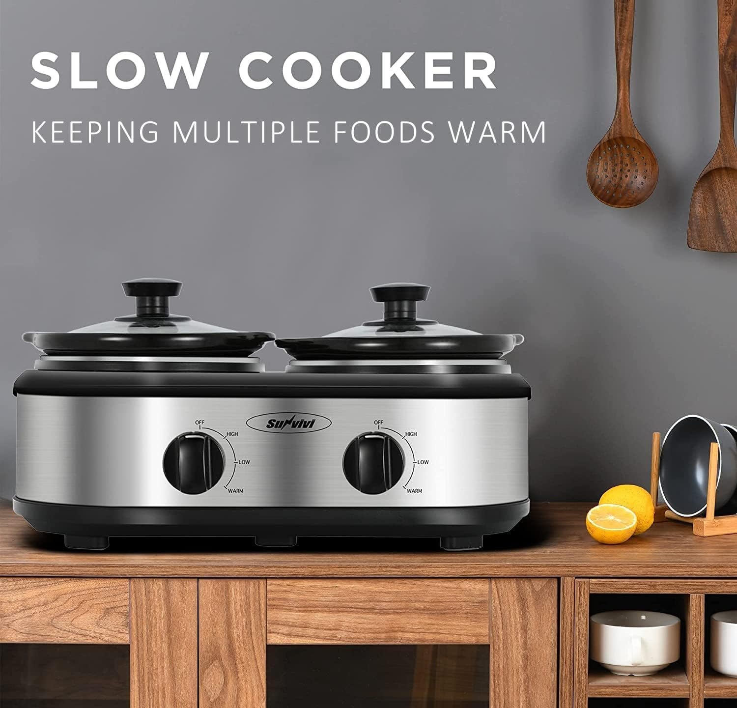 image:imageSunvivi Double Slow Cooker2 Pot Small Mini Crock Buffet Servers and WarmerDual Pot Oval Manual Slow Cooker with Adjustable Temp Removable Ceramic PotStainless Steel Total 2 125 Quarts BlackSilver