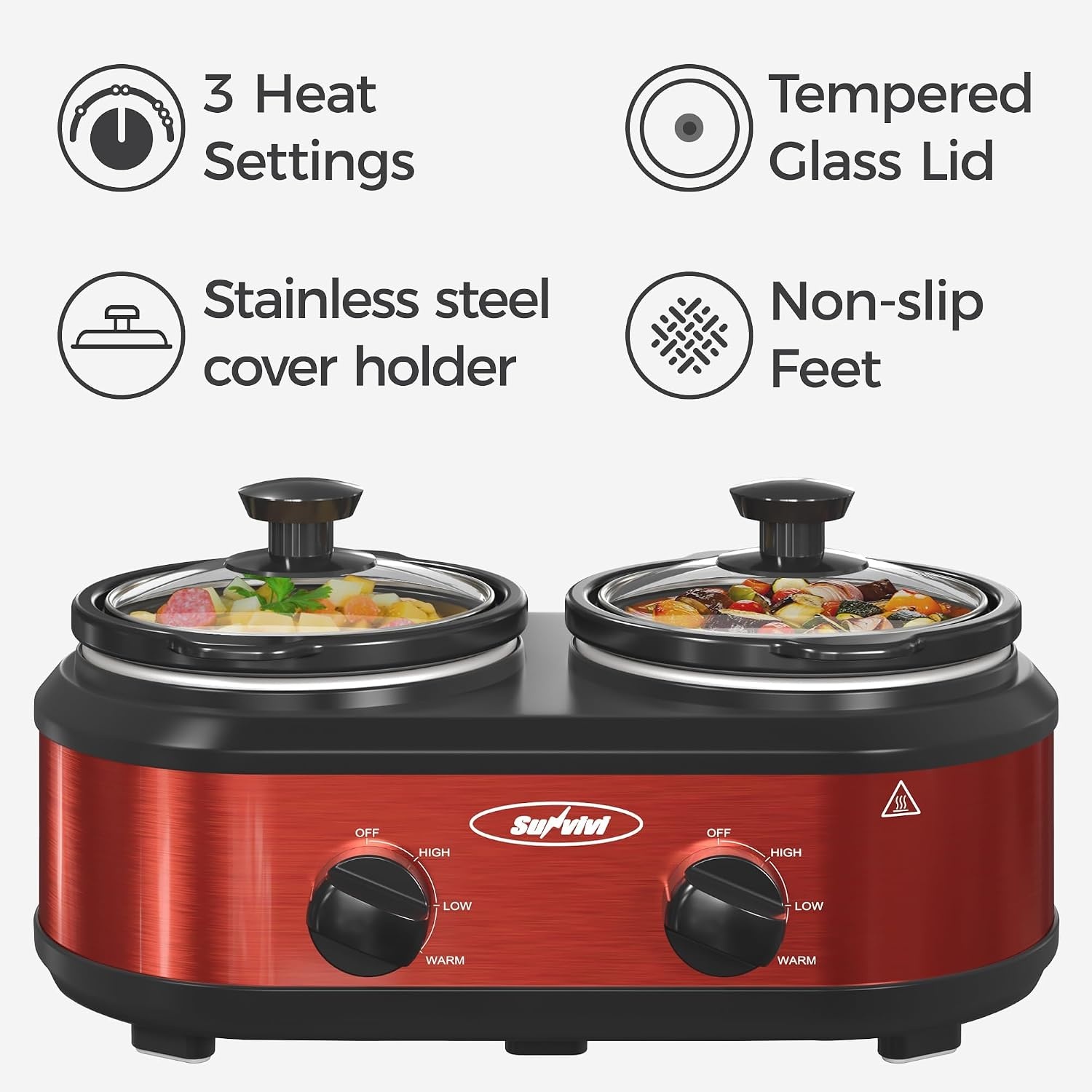image:imageSunvivi Double Slow Cooker2 Pot Small Mini Crock Buffet Servers and WarmerDual Pot Oval Manual Slow Cooker with Adjustable Temp Removable Ceramic PotStainless Steel Total 2 125 Quarts BlackRed