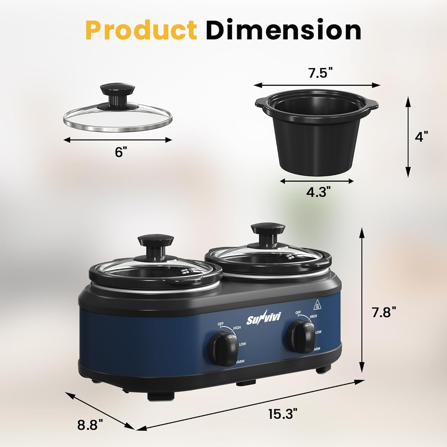 image:imageSunvivi Dual Slow Cooker Buffet Server and Food Warmer Small Mini Pot with 3 Adjustable Temp amp 2 Visible Glass Lids for Parties Holidays and Entertaining Stainless Steel 2 125 Quartsblue