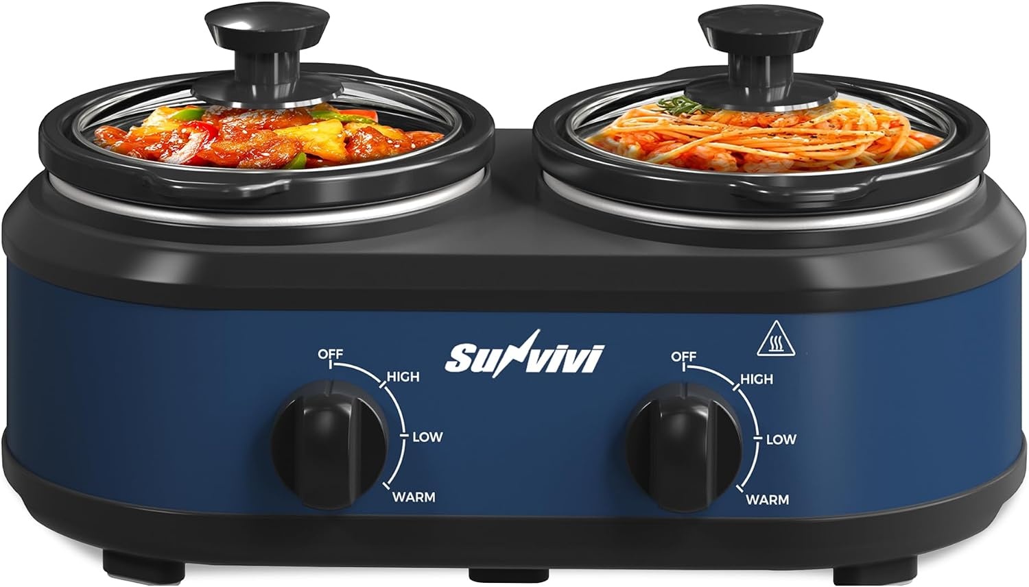 image:imageSunvivi Dual Slow Cooker Buffet Server and Food Warmer Small Mini Pot with 3 Adjustable Temp amp 2 Visible Glass Lids for Parties Holidays and Entertaining Stainless Steel 2 125 Quartsblue