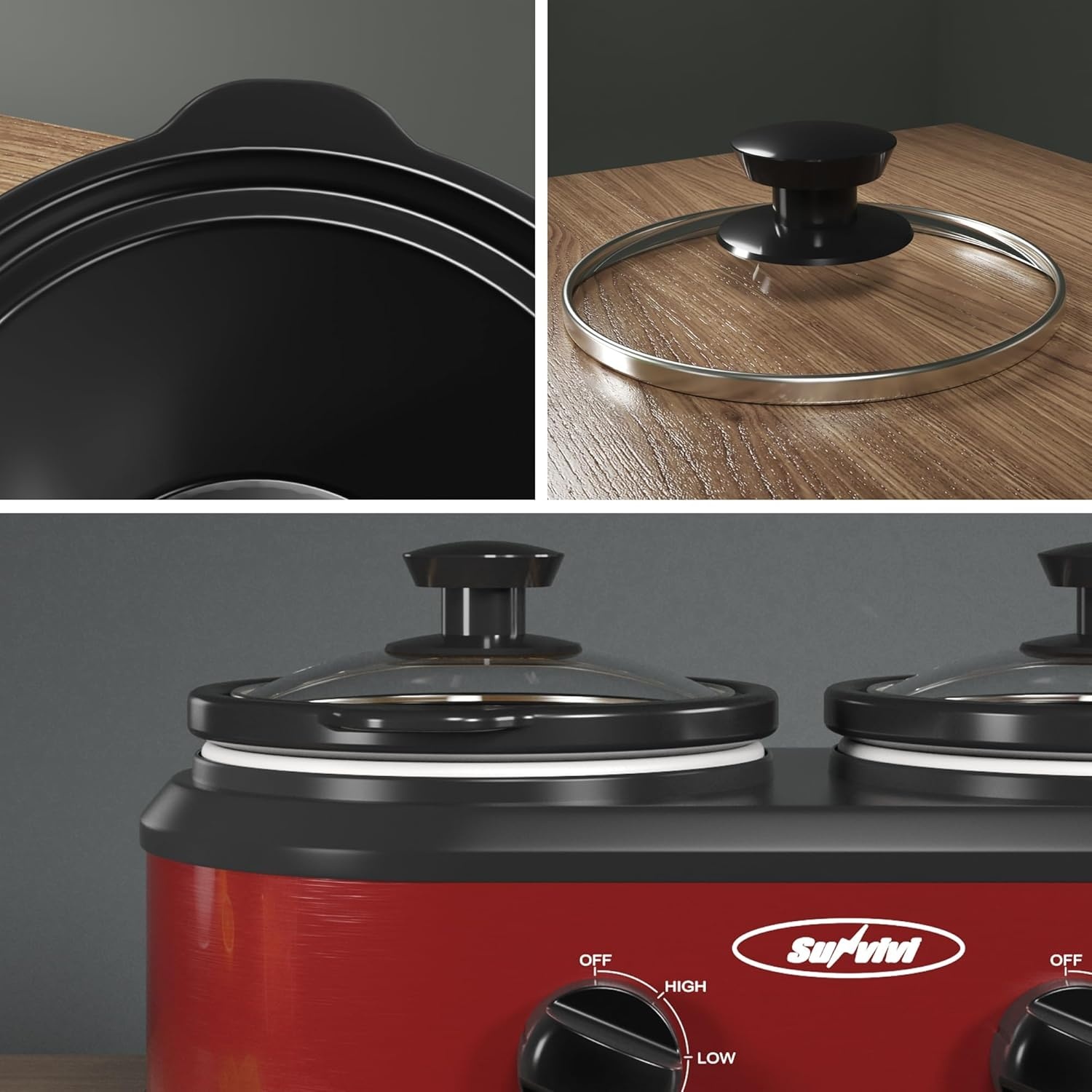 image:imageSunvivi Dual Slow Cooker Buffet Server and Food Warmer Small Mini Pot with 3 Adjustable Temp amp 2 Visible Glass Lids for Parties Holidays and Entertaining Stainless Steel 2 125 QuartsRed