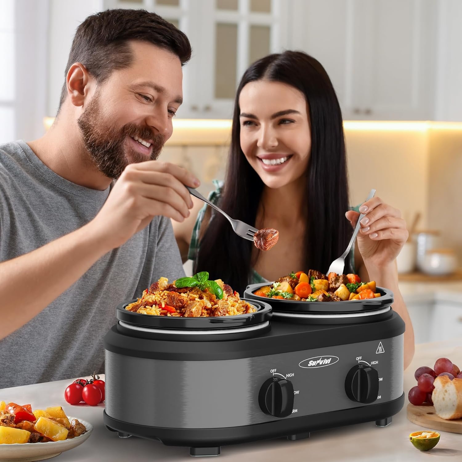 image:imageSunvivi Dual Slow Cooker Buffet Server and Food Warmer Small Mini Pot with 3 Adjustable Temp amp 2 Visible Glass Lids for Parties Holidays and Entertaining Stainless Steel 2 125 QuartsGray