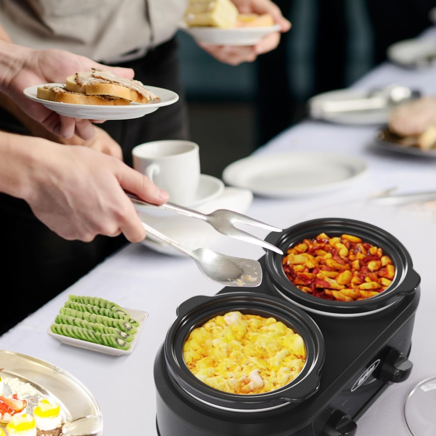 image:imageSunvivi Dual Slow Cooker Buffet Server and Food Warmer Small Mini Pot with 3 Adjustable Temp amp 2 Visible Glass Lids for Parties Holidays and Entertaining Stainless Steel 2 125 QuartsBlack