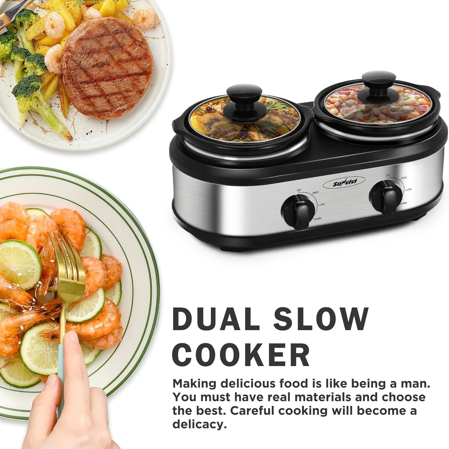 image:imageSunvivi Dual Slow Cooker Buffet Server and Food Warmer Small Mini Pot with 3 Adjustable Temp amp 2 Visible Glass Lids for Parties Holidays and Entertaining Stainless Steel 2 125 QuartsSilver