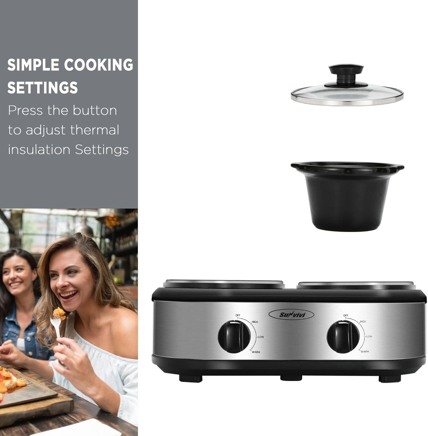 image:imageSunvivi Dual Slow Cooker Buffet Server and Food Warmer Small Mini Pot with 3 Adjustable Temp amp 2 Visible Glass Lids for Parties Holidays and Entertaining Stainless Steel 2 125 QuartsSilver