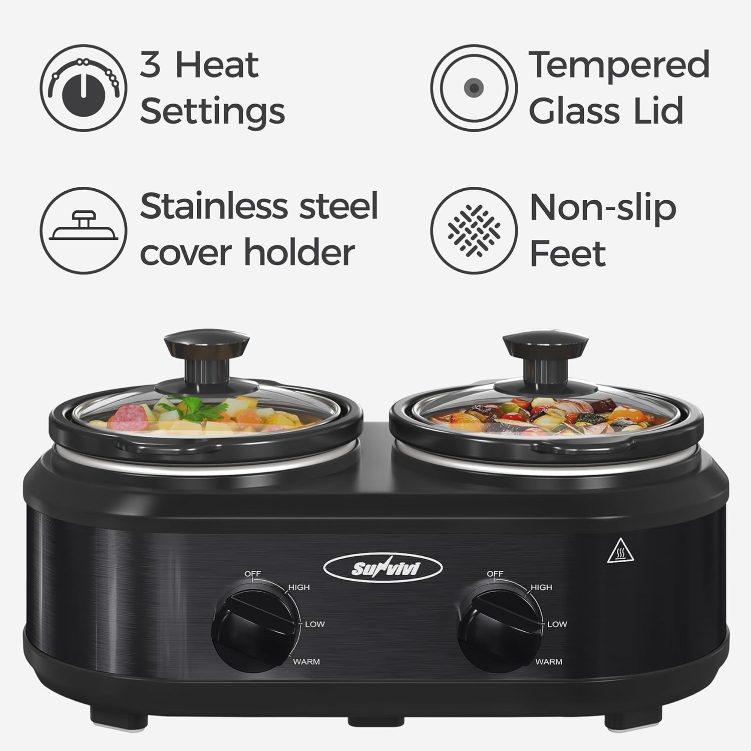 image:imageSunvivi Dual Slow Cooker Buffet Server and Food Warmer Small Mini Pot with 3 Adjustable Temp amp 2 Visible Glass Lids for Parties Holidays and Entertaining Stainless Steel 2 125 QuartsBlack