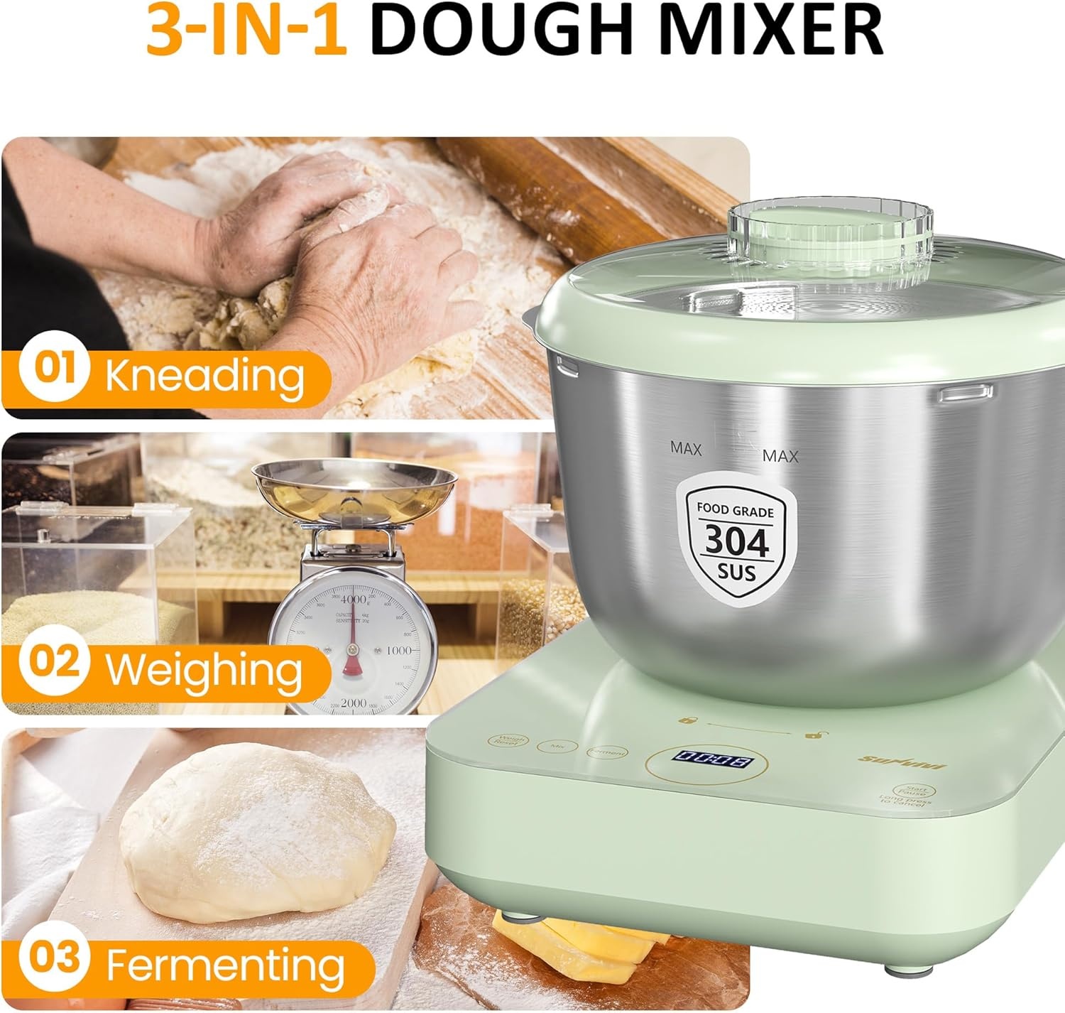 image:imageSunvivi Electric Dough Maker with Weighing Function 52QT Dough Mixer with Ferment Function Household Bread Maker Kitchen Flour Kneading Machine with Stainless Steel Bowl Faceup Touch Panel52 Quarts