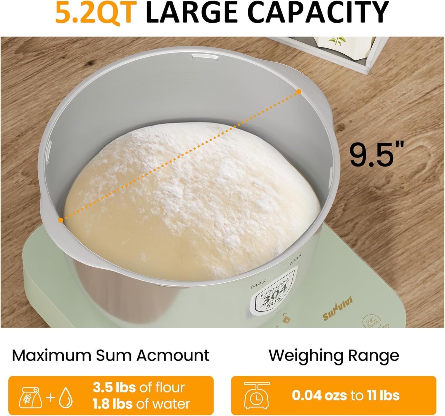 image:imageSunvivi Electric Dough Maker with Weighing Function 52QT Dough Mixer with Ferment Function Household Bread Maker Kitchen Flour Kneading Machine with Stainless Steel Bowl Faceup Touch Panel52 Quarts