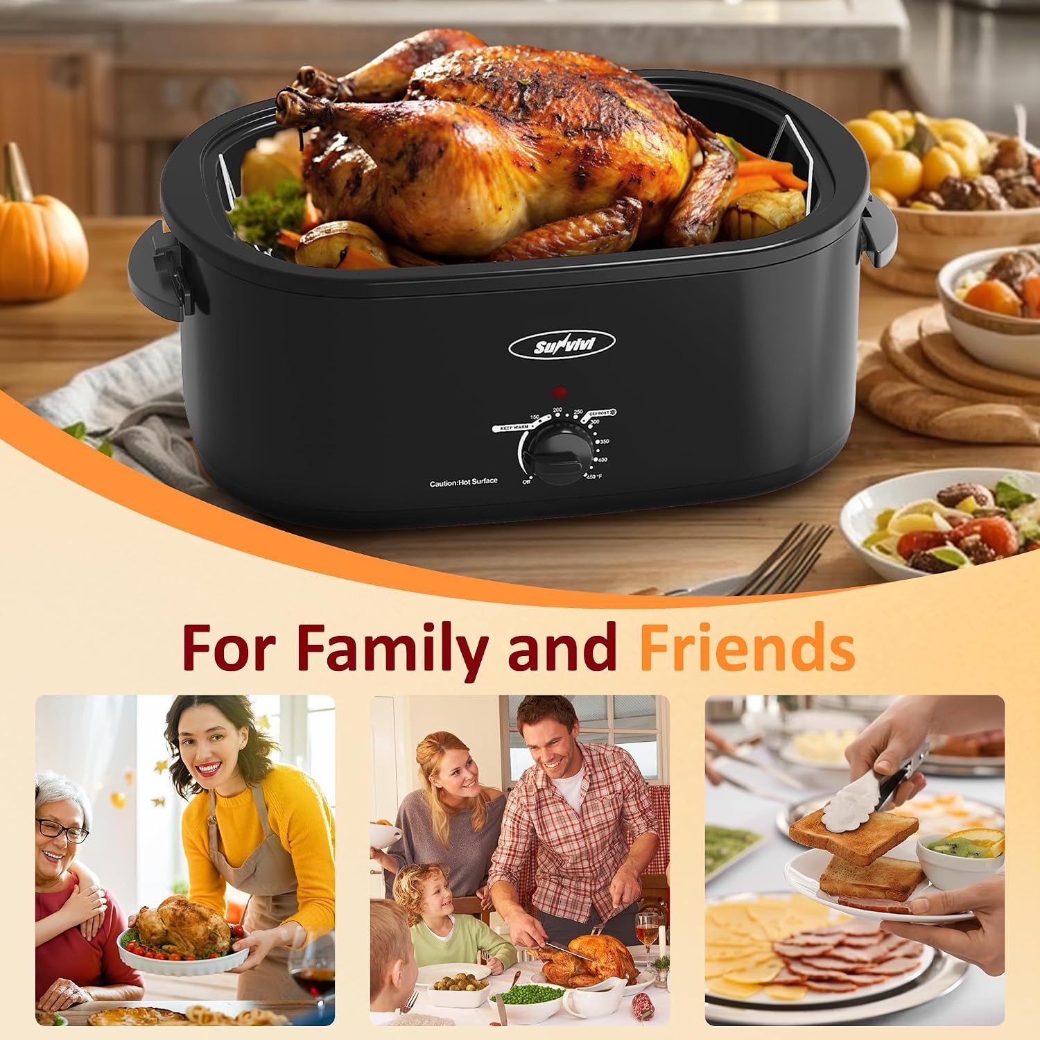 image:imageSunvivi Electric Roaster 26Quart Electric Roaster Oven featuring a Glass Lid Ideal for Turkey Roasting with SelfBasting Cover Detachable Pan CoolTouch Handles BlueBlack