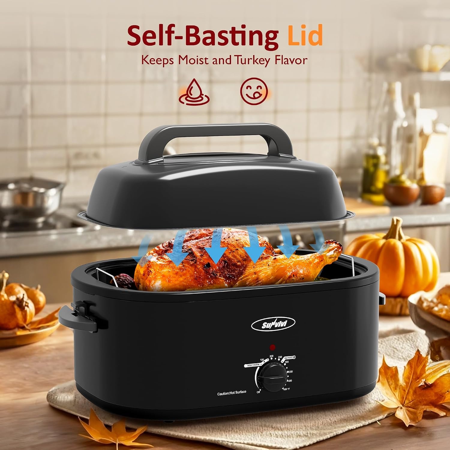image:imageSunvivi Electric Roaster 26Quart Electric Roaster Oven featuring a Glass Lid Ideal for Turkey Roasting with SelfBasting Cover Detachable Pan CoolTouch Handles BlueBlack