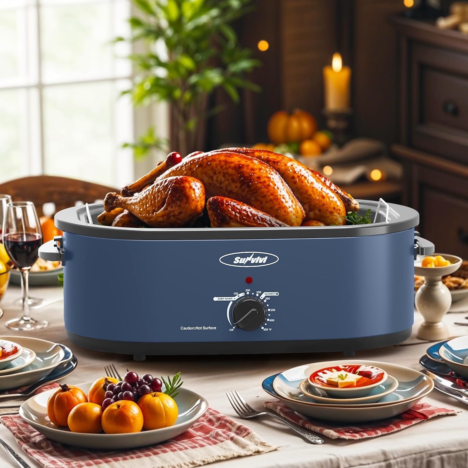 image:imageSunvivi Electric Roaster 26Quart Electric Roaster Oven featuring a Glass Lid Ideal for Turkey Roasting with SelfBasting Cover Detachable Pan CoolTouch Handles BlueBlue
