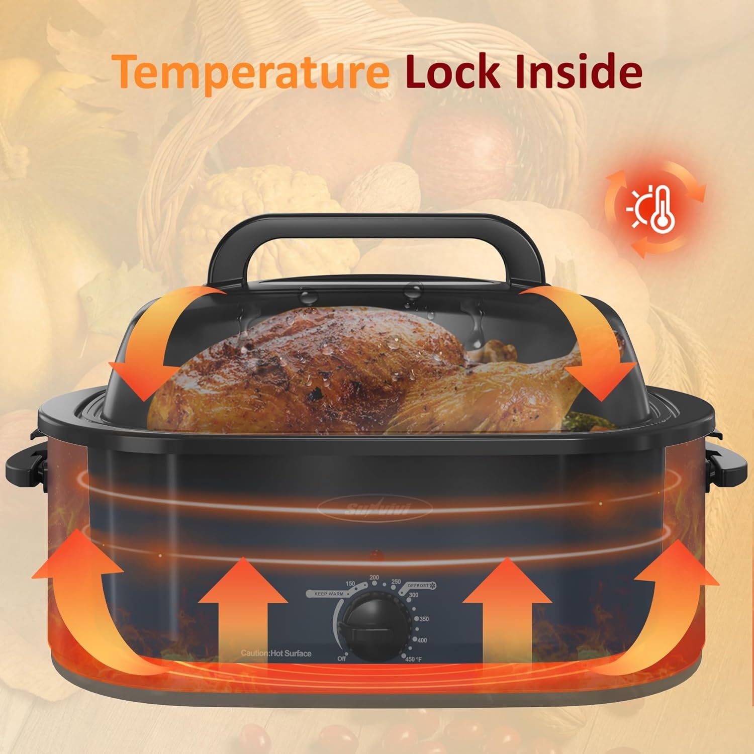 image:imageSunvivi Electric Roaster 26Quart Electric Roaster Oven featuring a Glass Lid Ideal for Turkey Roasting with SelfBasting Cover Detachable Pan CoolTouch Handles BlueBlue