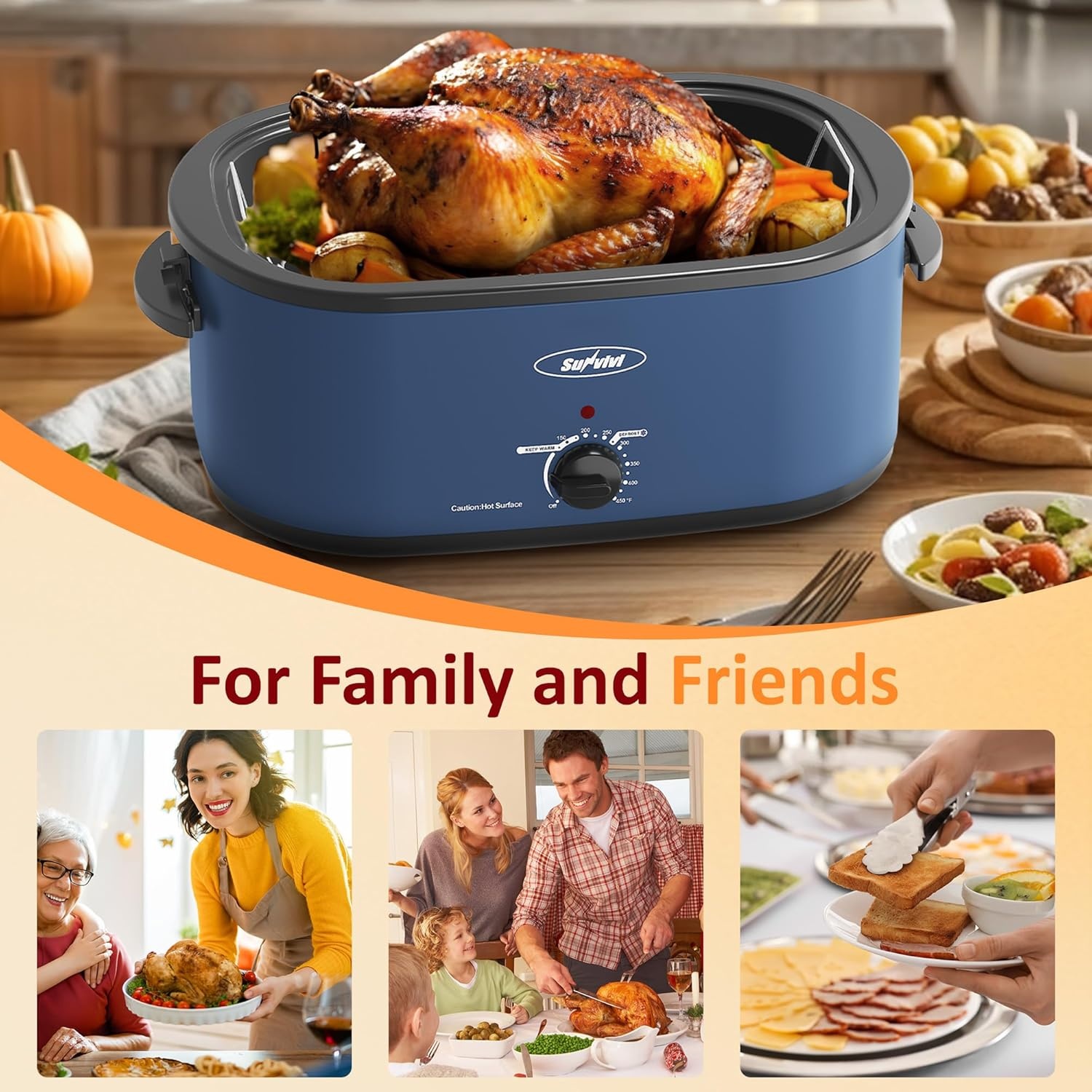 image:imageSunvivi Electric Roaster 26Quart Electric Roaster Oven featuring a Glass Lid Ideal for Turkey Roasting with SelfBasting Cover Detachable Pan CoolTouch Handles BlueBlue
