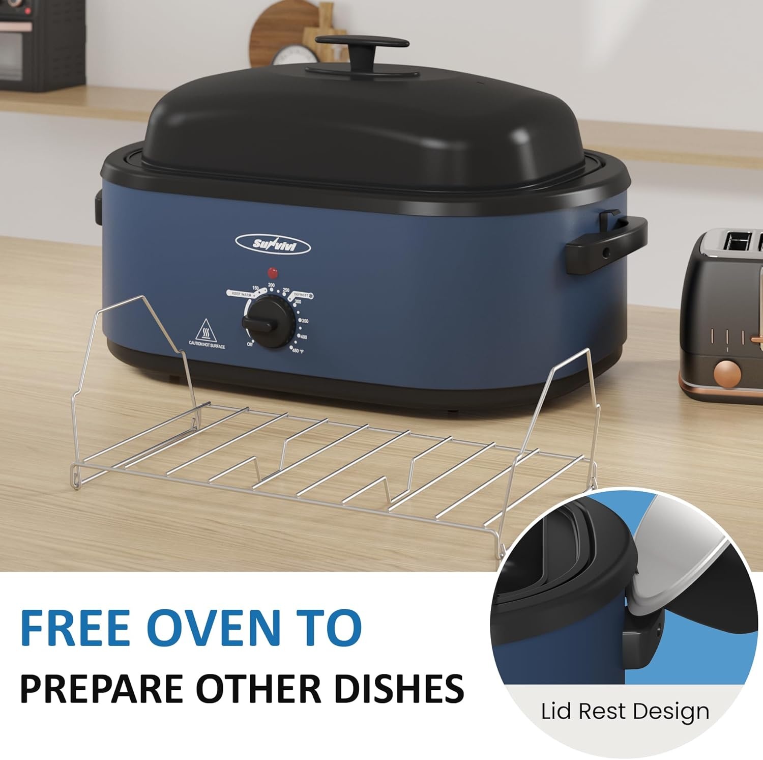 image:imageSunvivi Electric Roaster Oven 24 QT Turkey Roaster Oven with 3 Bin Buffet Server 150450F FullRange Temperature Control Removable Pan amp Rack Stainless Steel SilverBlue