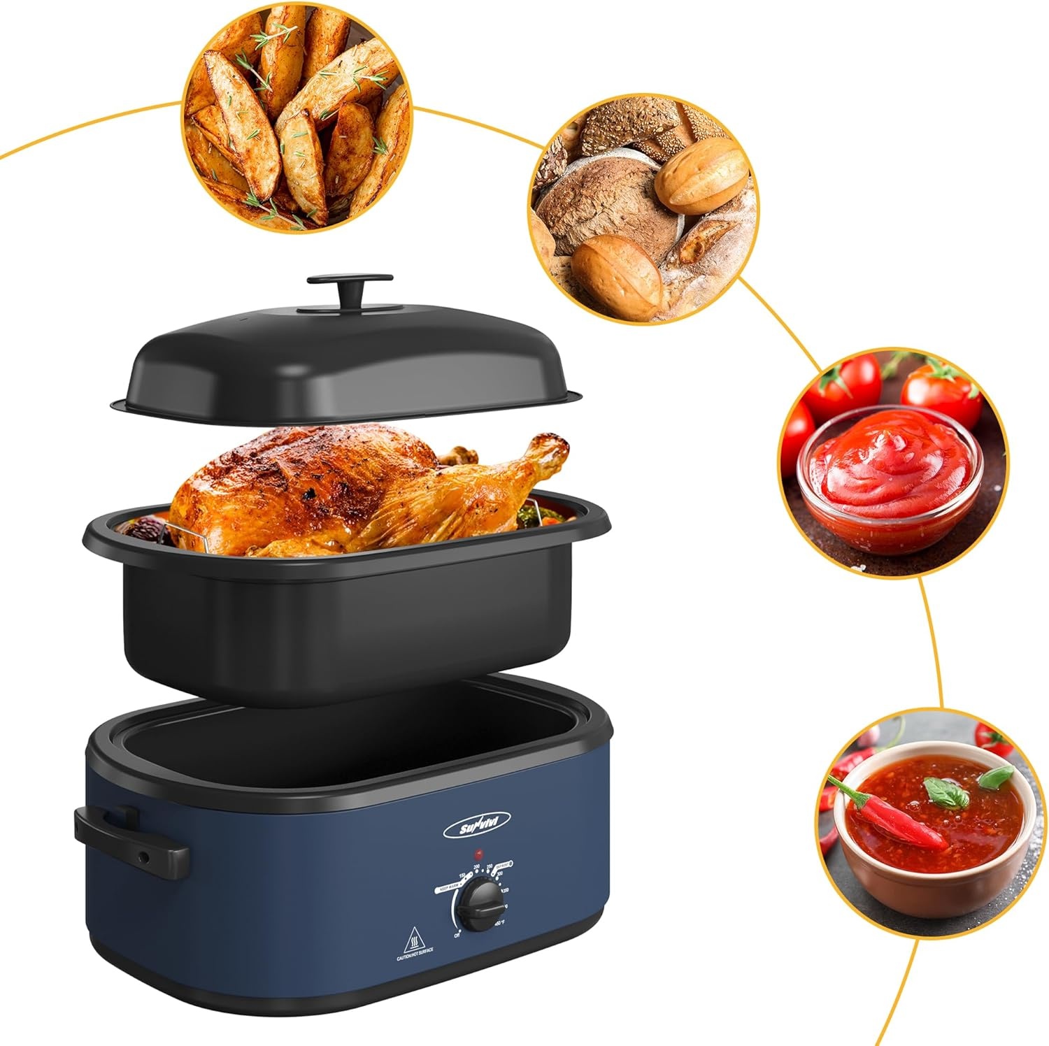 image:imageSunvivi Electric Roaster Oven 24 QT Turkey Roaster Oven with 3 Bin Buffet Server 150450F FullRange Temperature Control Removable Pan amp Rack Stainless Steel SilverBlue