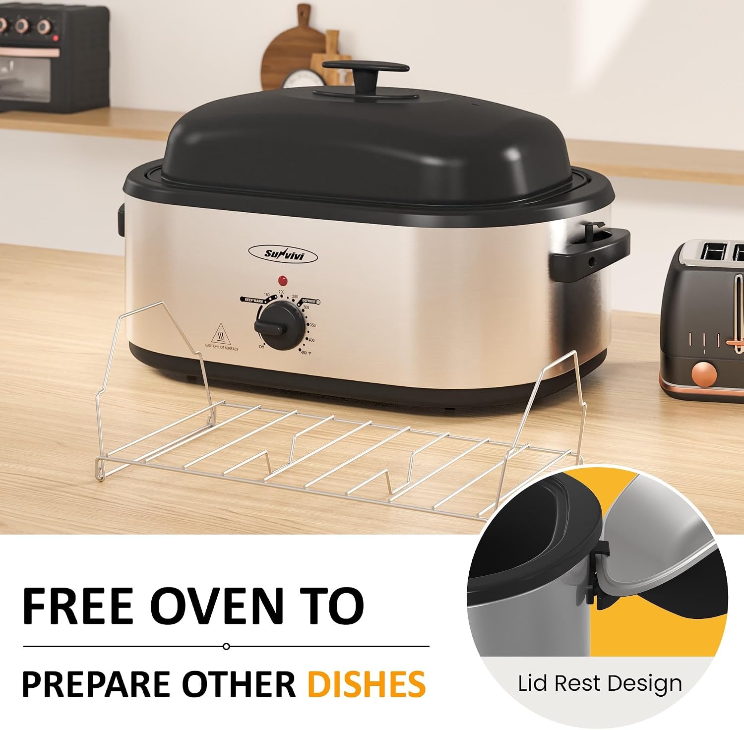 image:imageSunvivi Electric Roaster Oven 24 QT Turkey Roaster Oven with 3 Bin Buffet Server 150450F FullRange Temperature Control Removable Pan amp Rack Stainless Steel SilverSilver