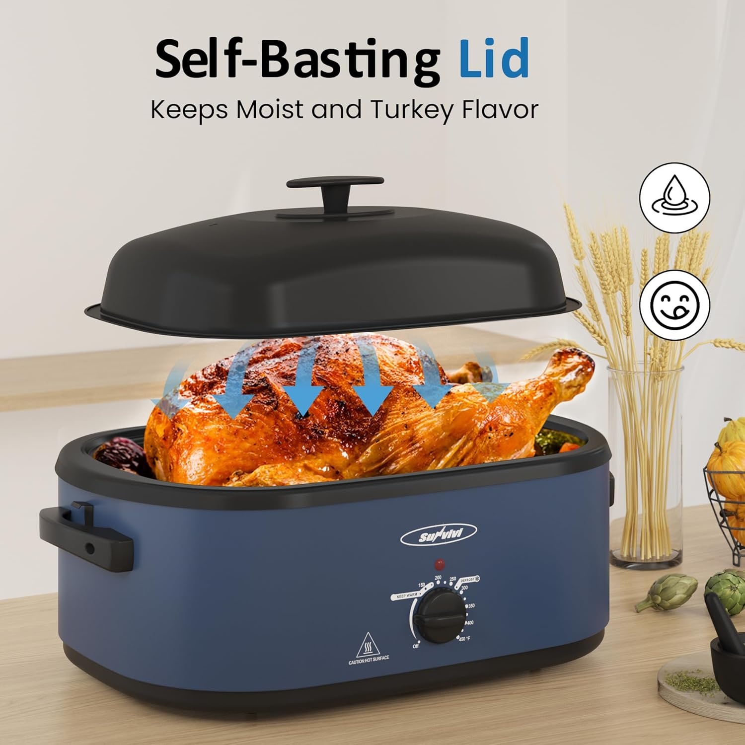 image:imageSunvivi Electric Roaster Oven 24 QT Turkey Roaster Oven with 3 Bin Buffet Server 150450F FullRange Temperature Control Removable Pan amp Rack Stainless Steel SilverBlue