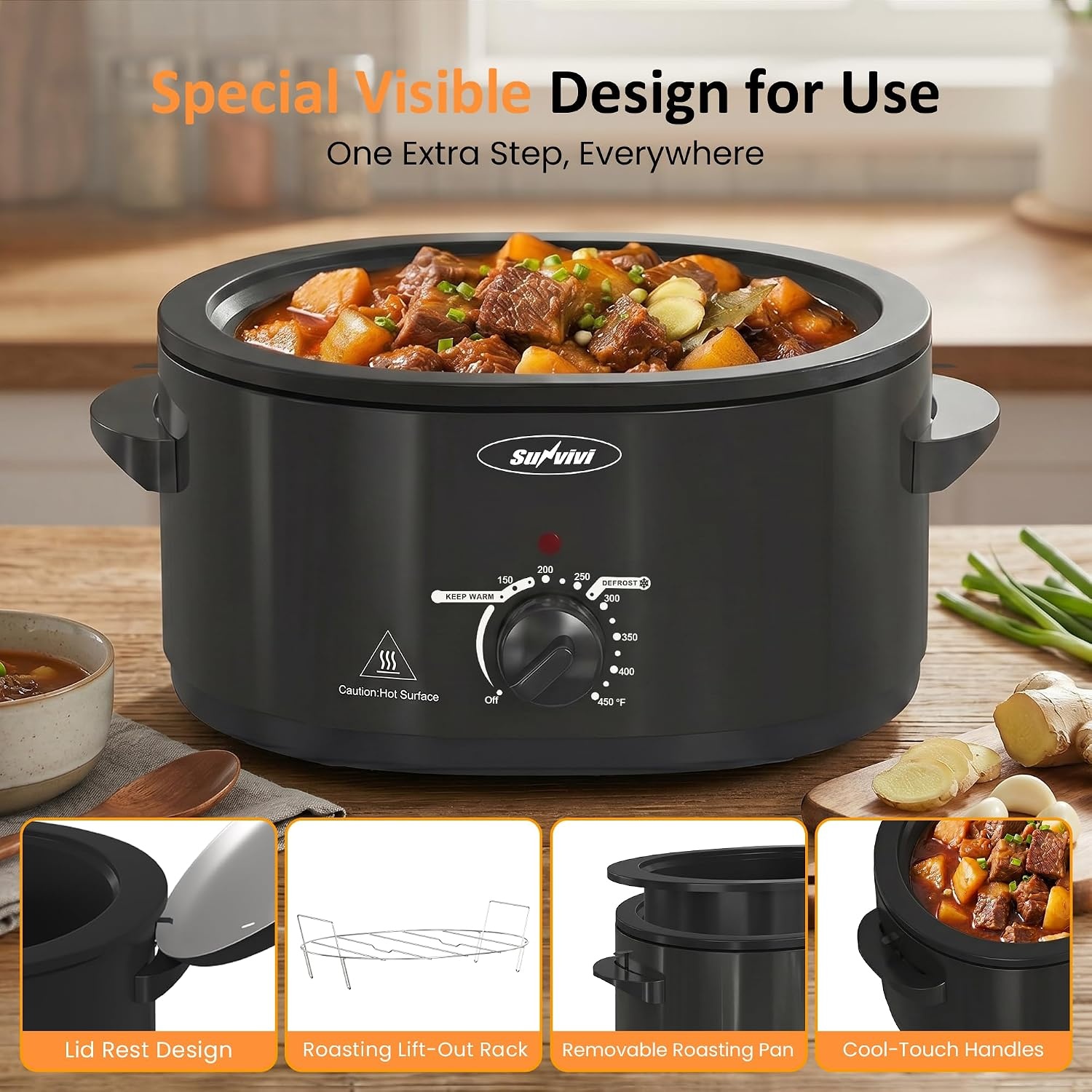 image:imageSunvivi Electric Roaster Oven for Small Families 8QT Portable Roaster with SelfBasting Lid Defrost amp Keep Warm Adjustable Temp 150F450F for Baking Slow Cooking Buffet Serving amp RV CampingBlack