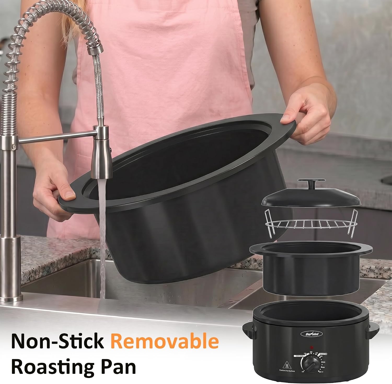 image:imageSunvivi Electric Roaster Oven for Small Families 8QT Portable Roaster with SelfBasting Lid Defrost amp Keep Warm Adjustable Temp 150F450F for Baking Slow Cooking Buffet Serving amp RV CampingBlack