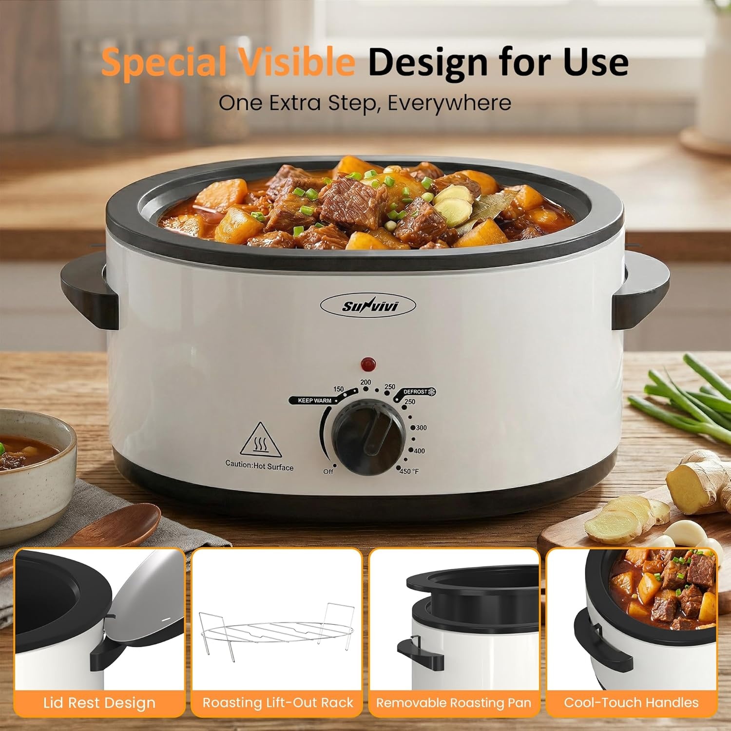 image:imageSunvivi Electric Roaster Oven for Small Families 8QT Portable Roaster with SelfBasting Lid Defrost amp Keep Warm Adjustable Temp 150F450F for Baking Slow Cooking Buffet Serving amp RV CampingWhite