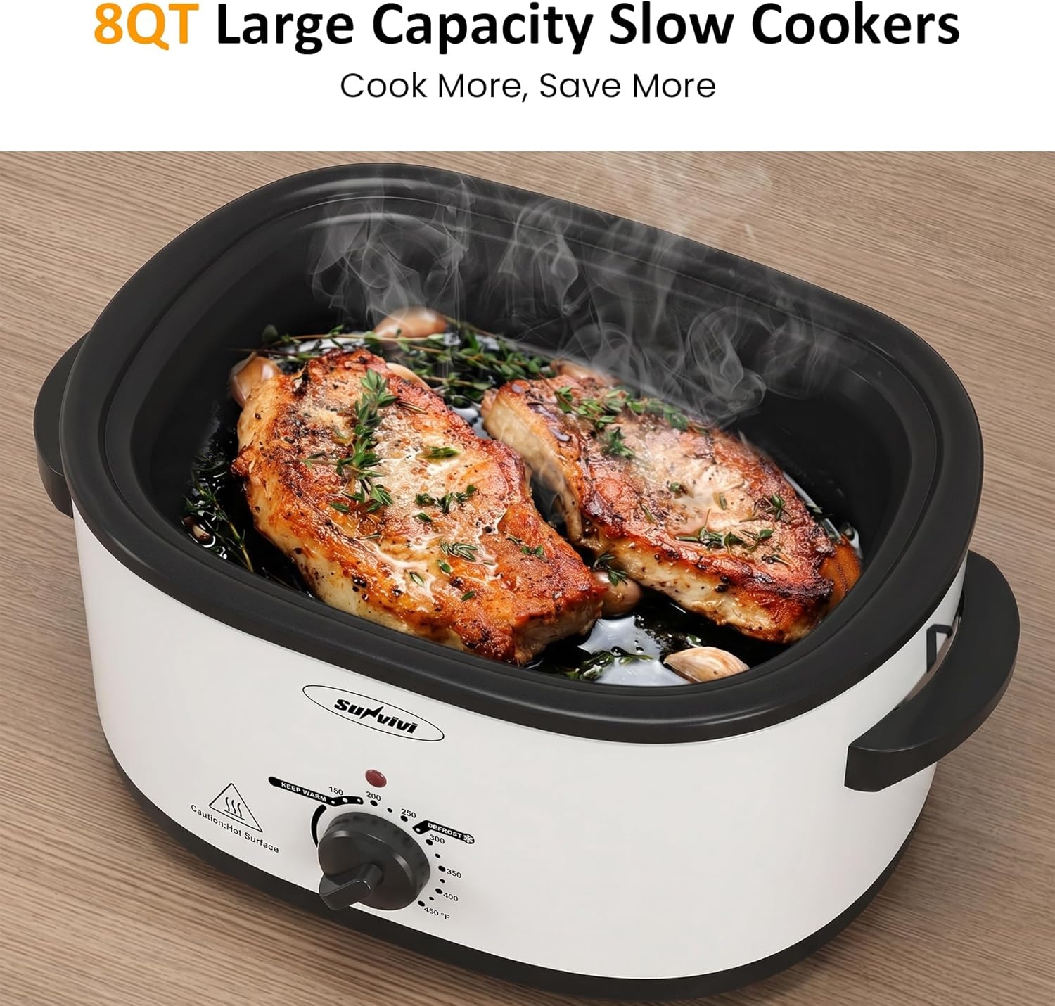 image:imageSunvivi Electric Roaster Oven for Small Families 8QT Portable Roaster with SelfBasting Lid Defrost amp Keep Warm Adjustable Temp 150F450F for Baking Slow Cooking Buffet Serving amp RV CampingWhite