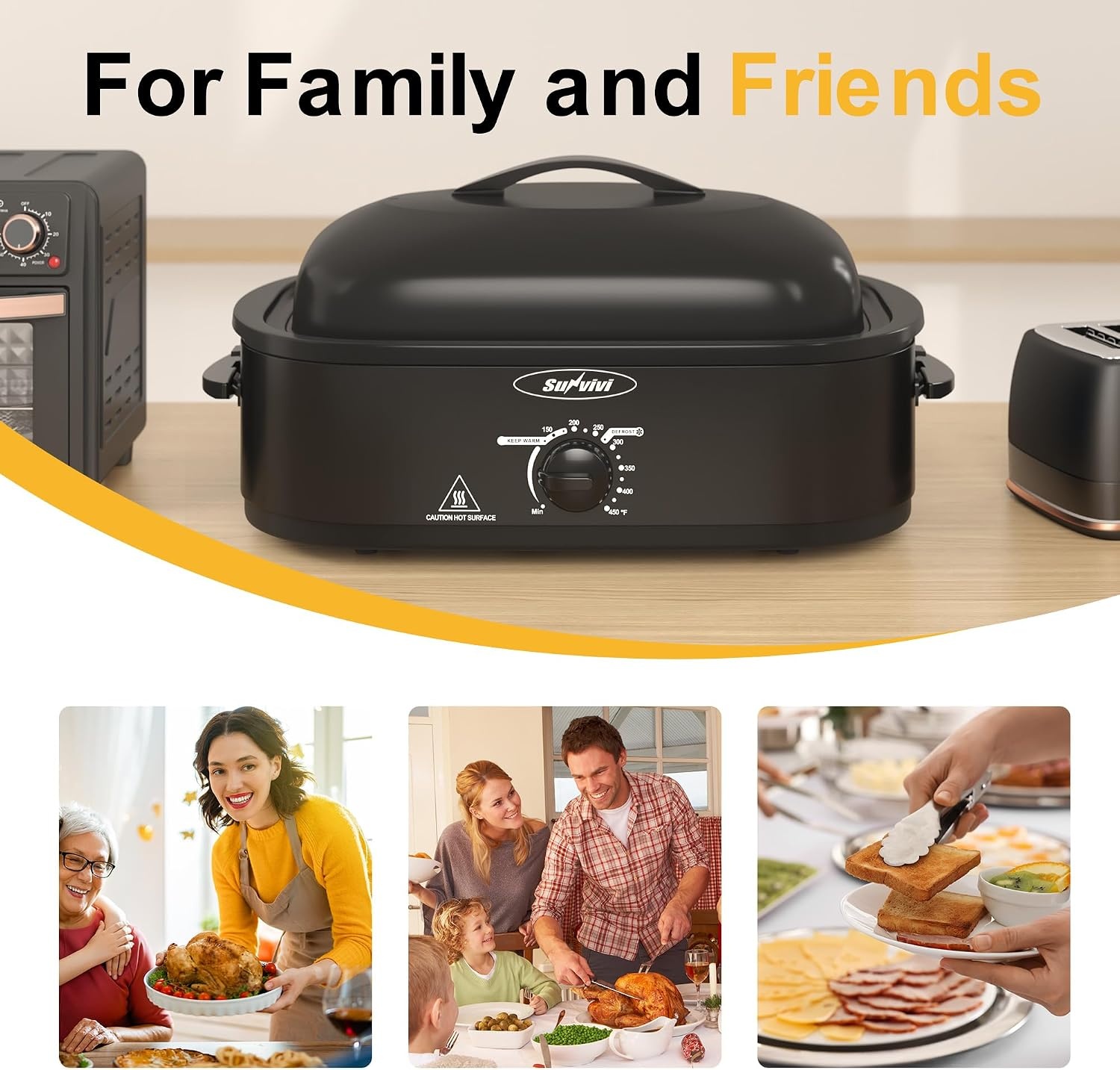 image:imageSunvivi Electric Roaster Oven with SelfBasting Lid 14Quart Turkey Roaster Oven with Removable Pan and Rack Stainless Steel WhiteBlack