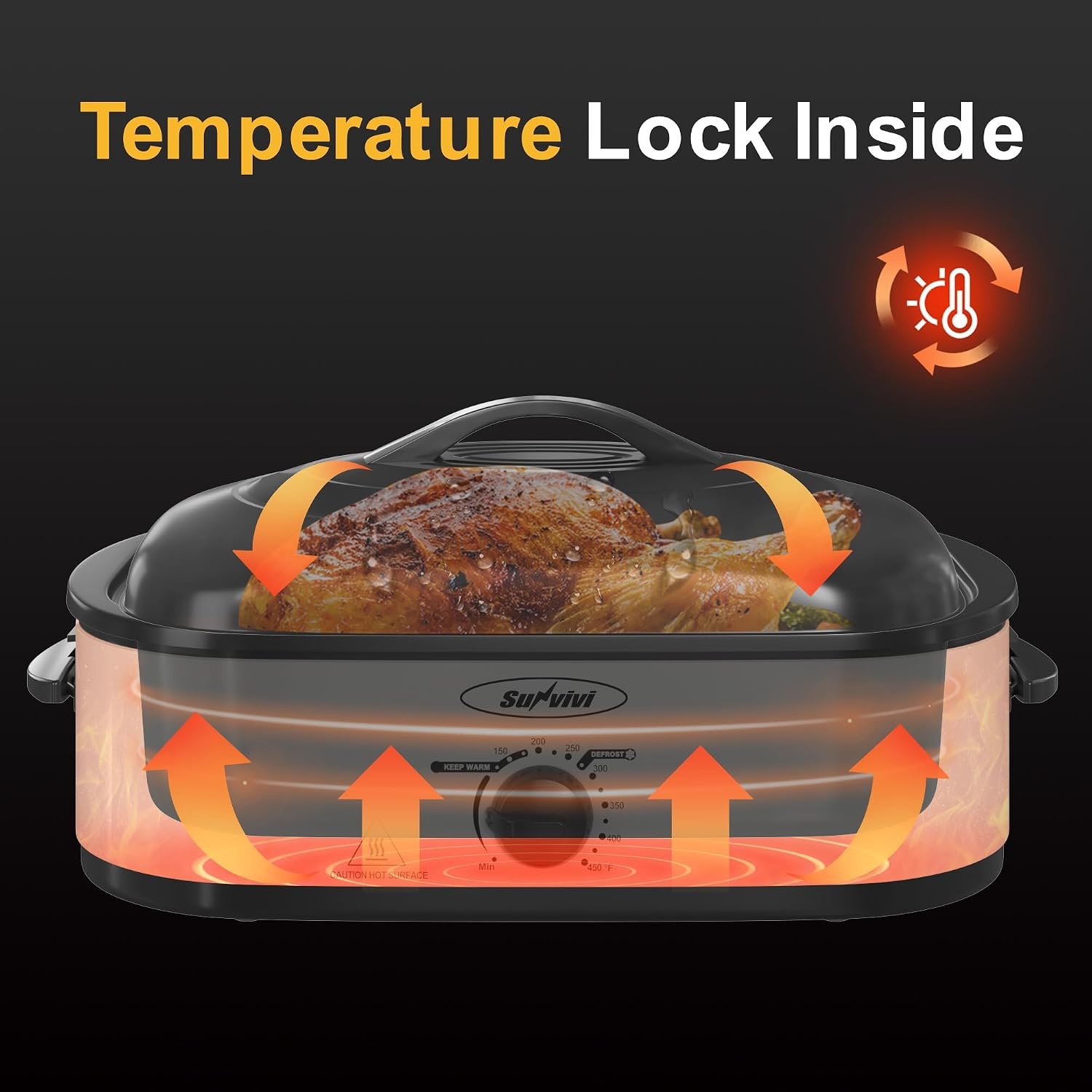 image:imageSunvivi Electric Roaster Oven with SelfBasting Lid 14Quart Turkey Roaster Oven with Removable Pan and Rack Stainless Steel WhiteBlack