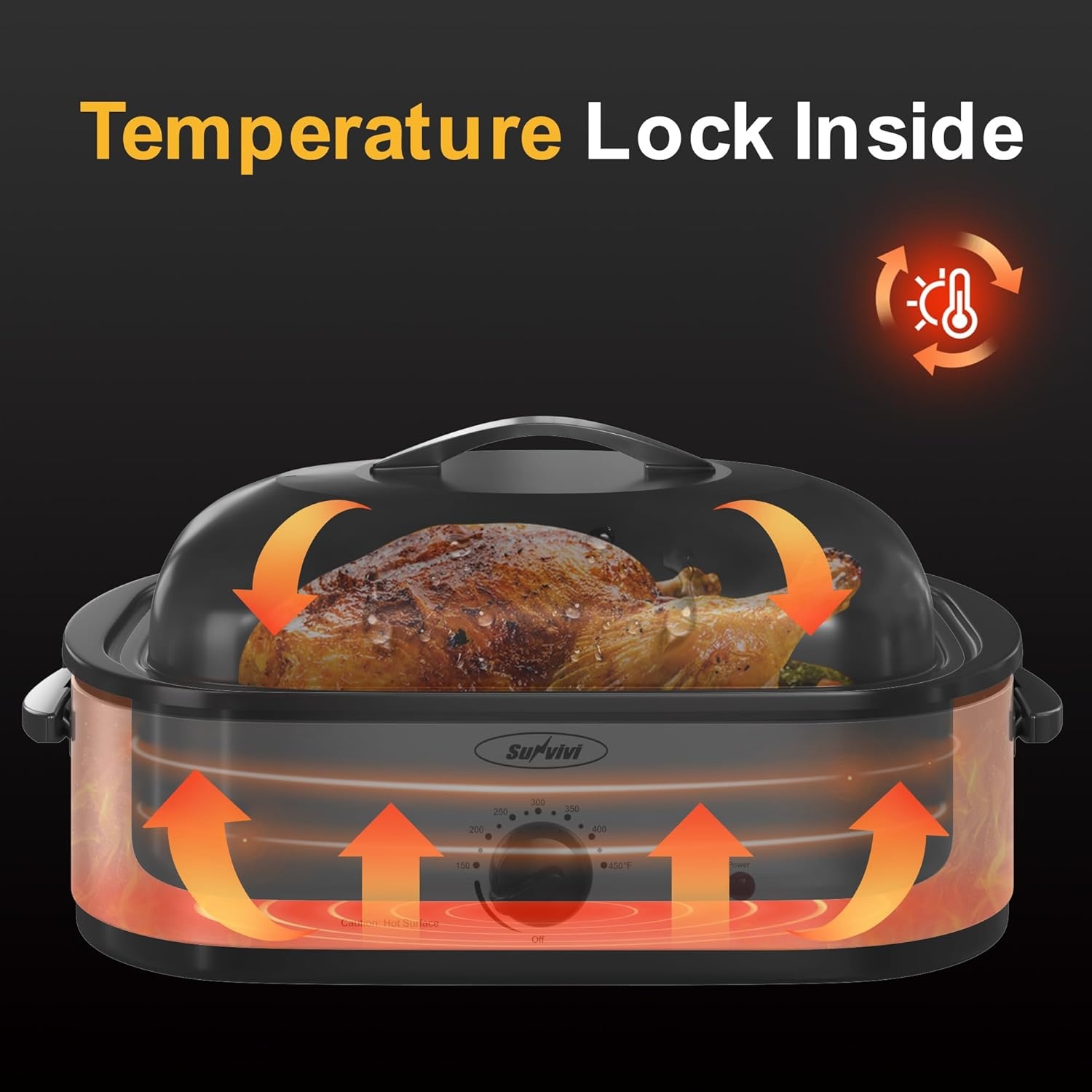 image:imageSunvivi Electric Roaster Oven with SelfBasting Lid 14Quart Turkey Roaster Oven with Removable Pan and Rack Stainless Steel WhiteSilver