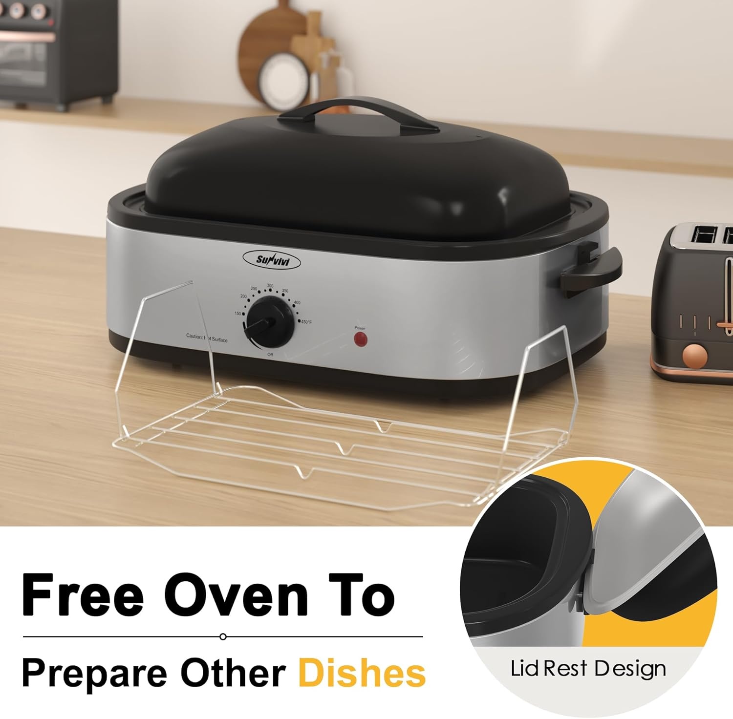 image:imageSunvivi Electric Roaster Oven with SelfBasting Lid 14Quart Turkey Roaster Oven with Removable Pan and Rack Stainless Steel WhiteSilver