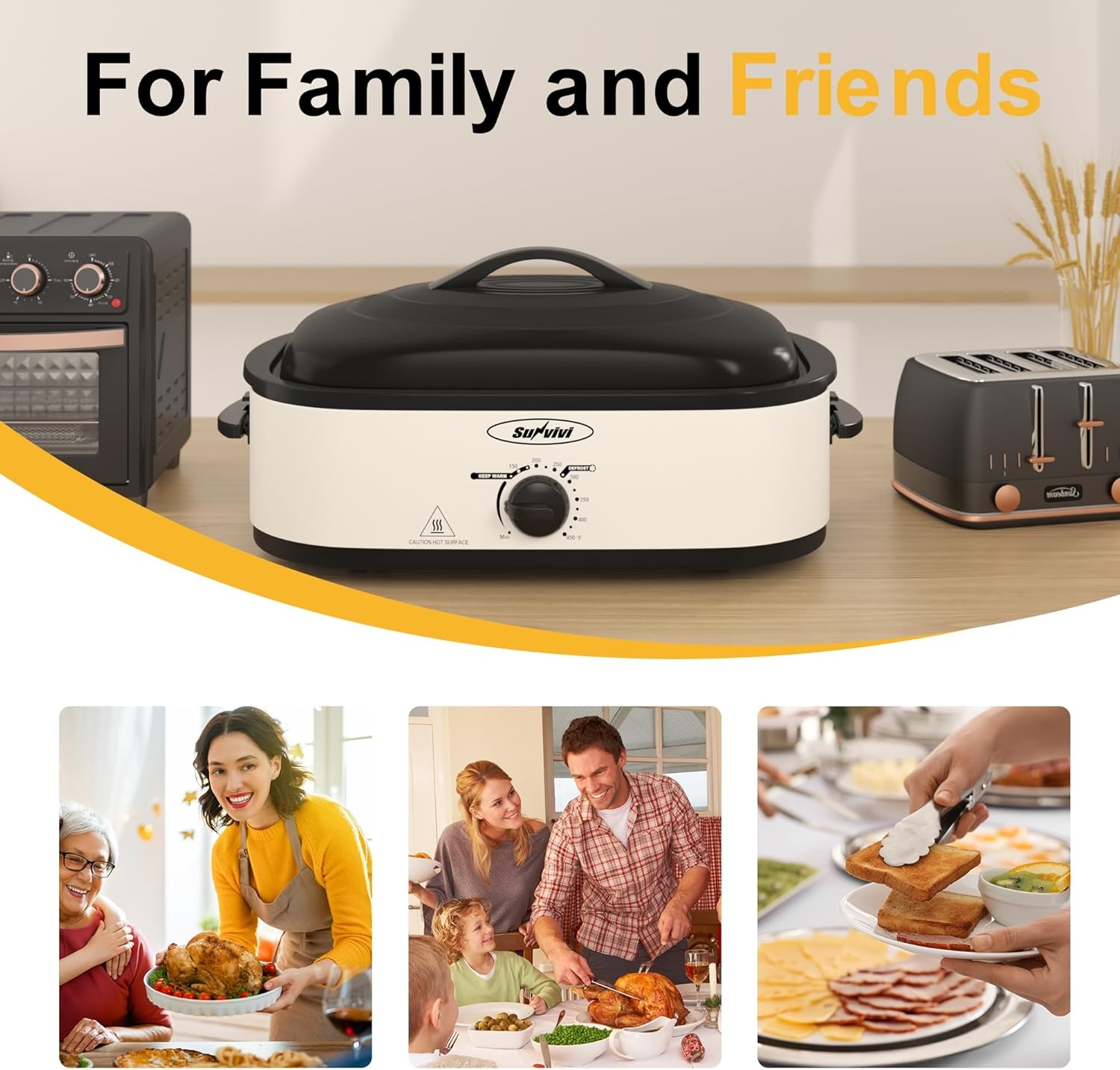 image:imageSunvivi Electric Roaster Oven with SelfBasting Lid 14Quart Turkey Roaster Oven with Removable Pan and Rack Stainless Steel WhiteWhite