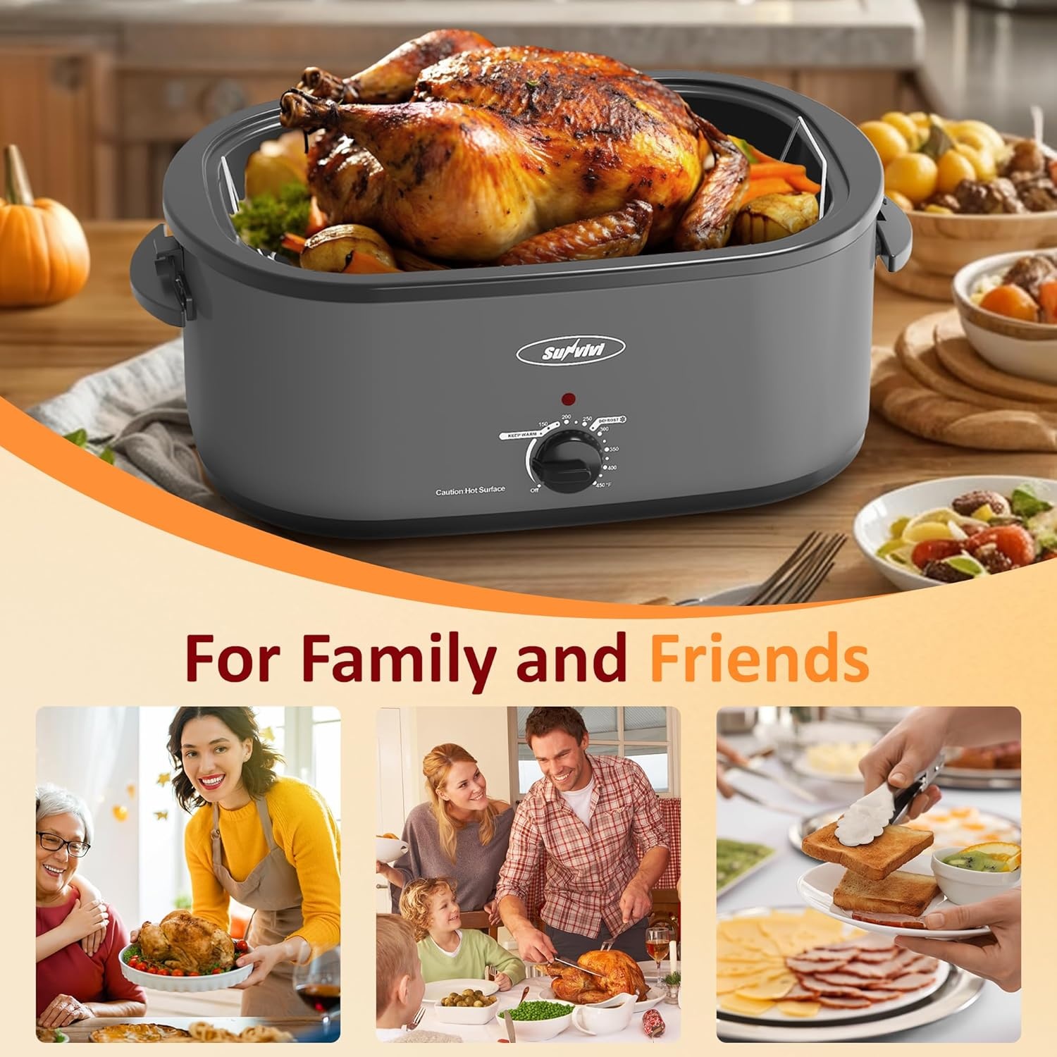 image:imageSunvivi Electric Roaster18 Quart Roasting Oven with SelfBasting Lid Removable PanTurkey Roaster Oven with 150 to 450F Temperature Control CoolTouch HandlesBlackGrey
