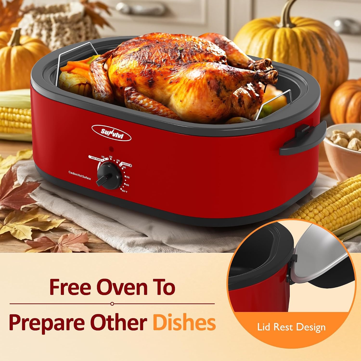 image:imageSunvivi Electric Roaster18 Quart Roasting Oven with SelfBasting Lid Removable PanTurkey Roaster Oven with 150 to 450F Temperature Control CoolTouch HandlesBlackRed