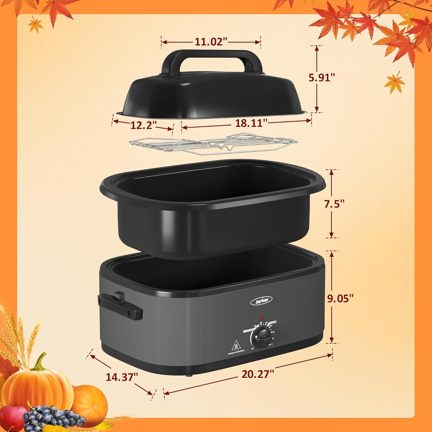 image:imageSunvivi Electric Roaster18 Quart Roasting Oven with SelfBasting Lid Removable PanTurkey Roaster Oven with 150 to 450F Temperature Control CoolTouch HandlesBlackGrey