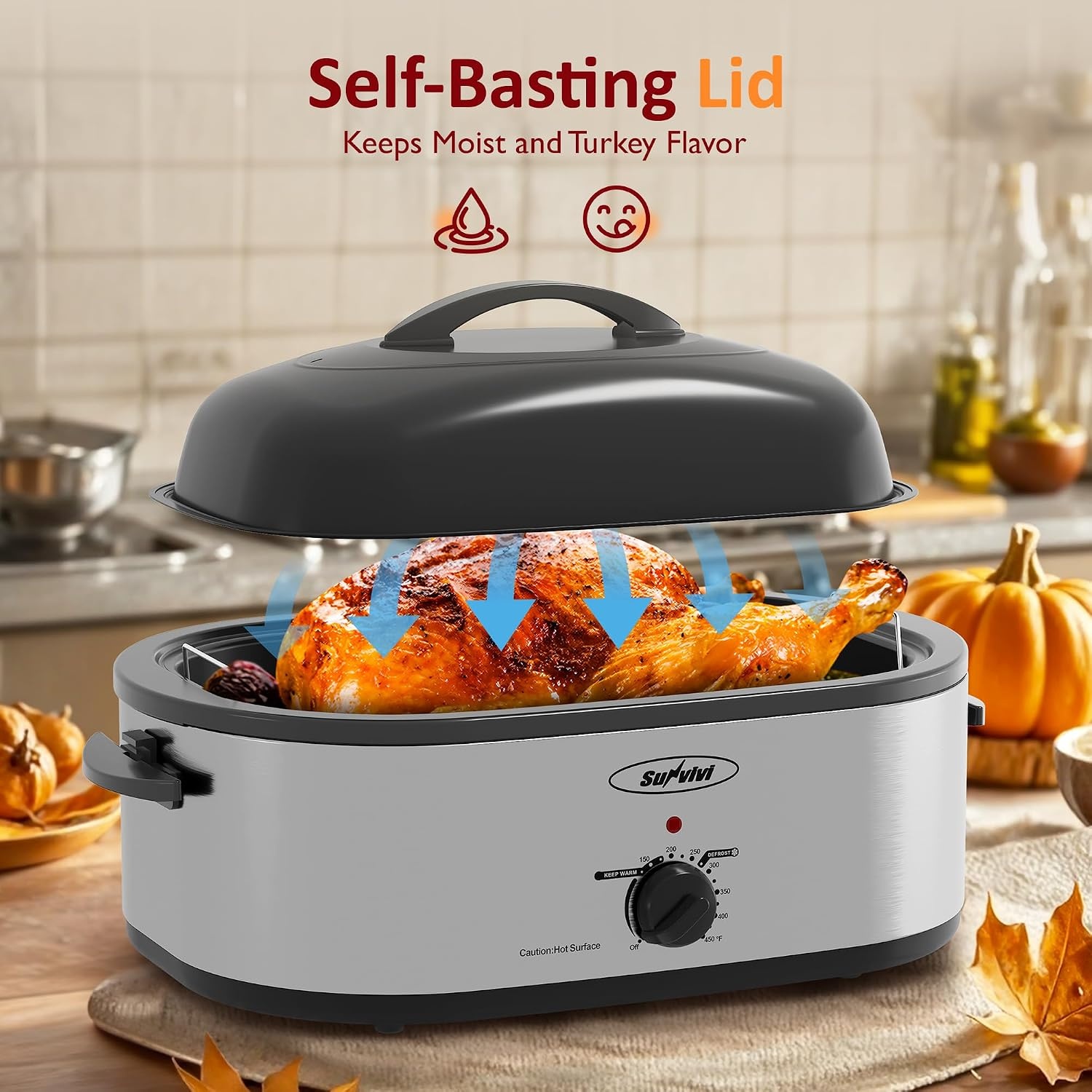 image:imageSunvivi Electric Roaster18 Quart Roasting Oven with SelfBasting Lid Removable PanTurkey Roaster Oven with 150 to 450F Temperature Control CoolTouch HandlesBlackSilver