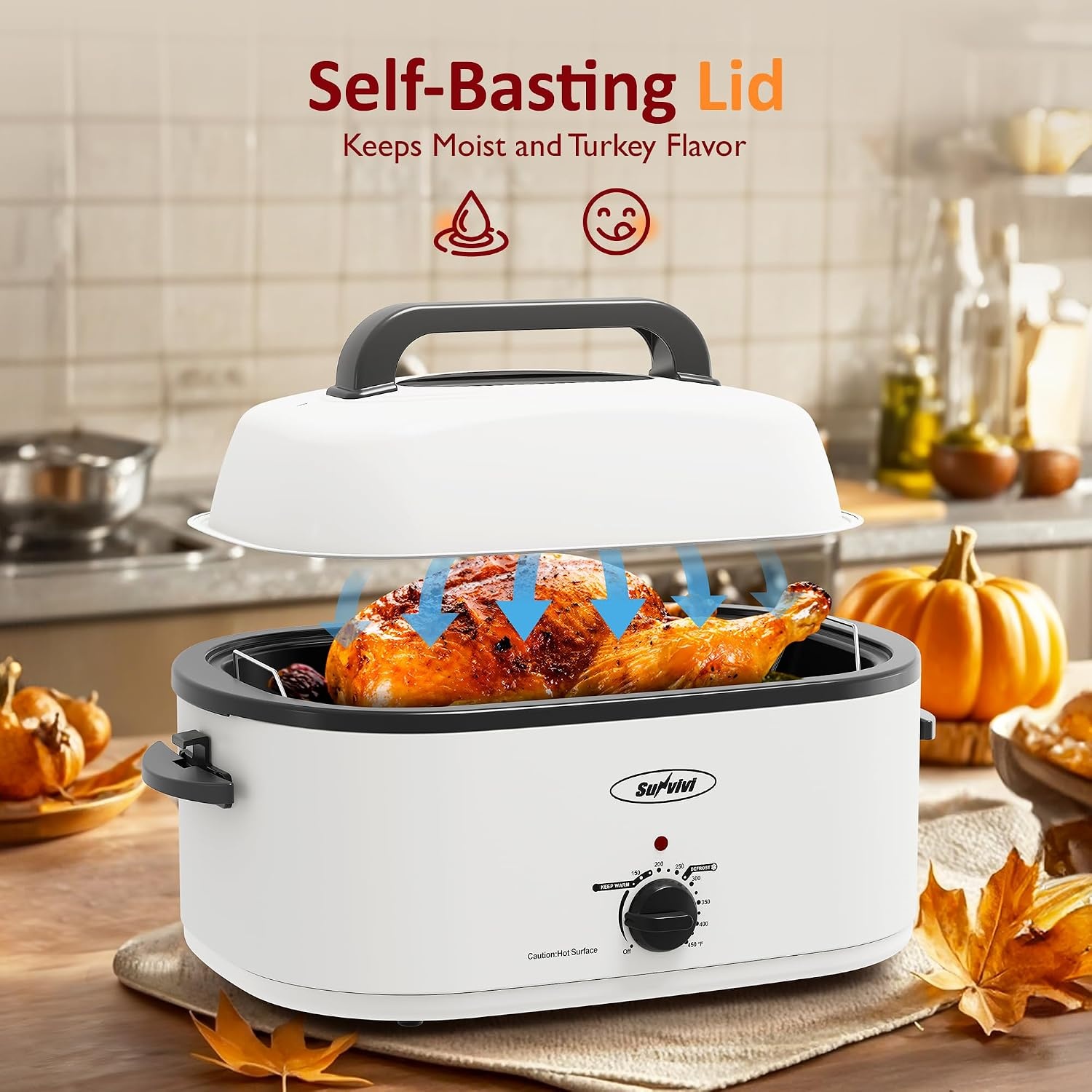 image:imageSunvivi Electric Roaster18 Quart Roasting Oven with SelfBasting Lid Removable PanTurkey Roaster Oven with 150 to 450F Temperature Control CoolTouch HandlesBlackWhite