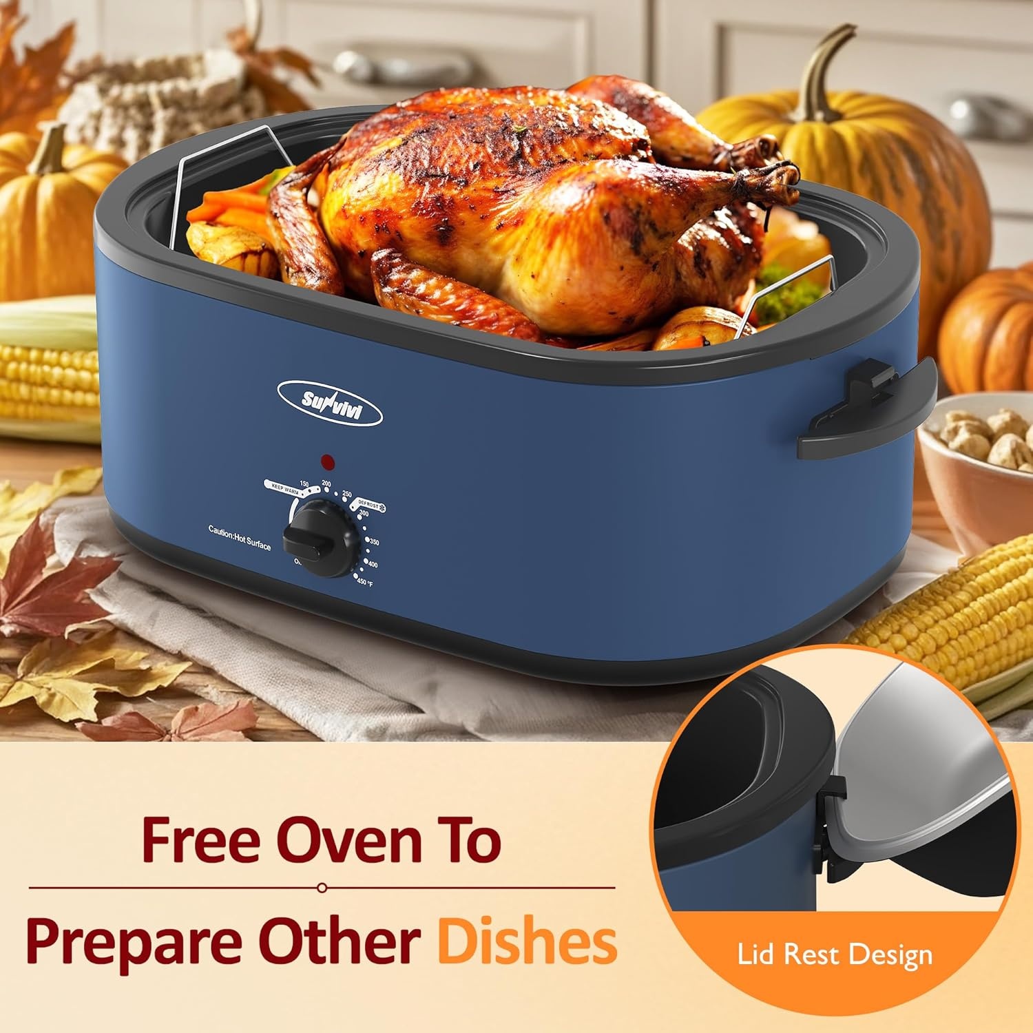 image:imageSunvivi Electric Roaster18 Quart Roasting Oven with SelfBasting Lid Removable PanTurkey Roaster Oven with 150 to 450F Temperature Control CoolTouch HandlesBlackBlue