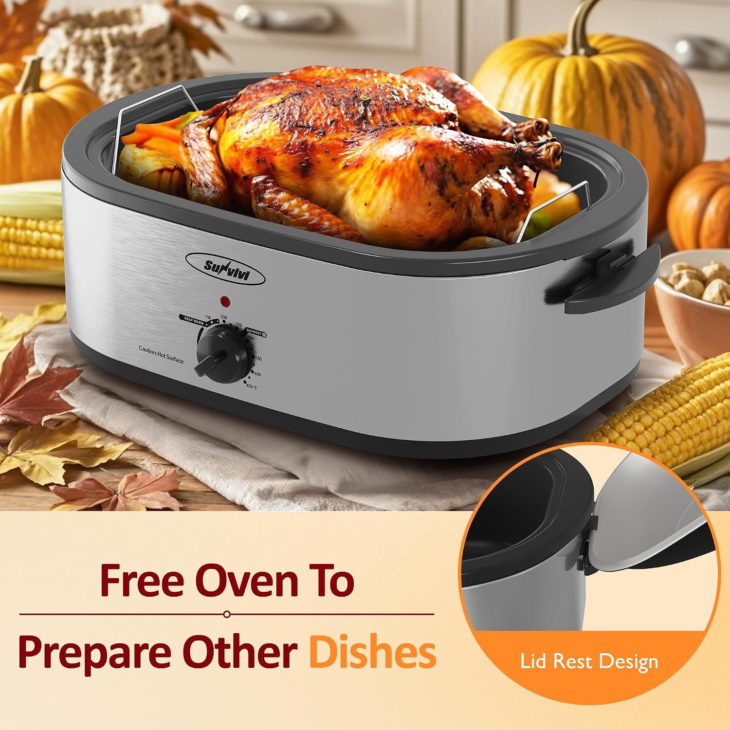 image:imageSunvivi Electric Roaster18 Quart Roasting Oven with SelfBasting Lid Removable PanTurkey Roaster Oven with 150 to 450F Temperature Control CoolTouch HandlesBlackSilver