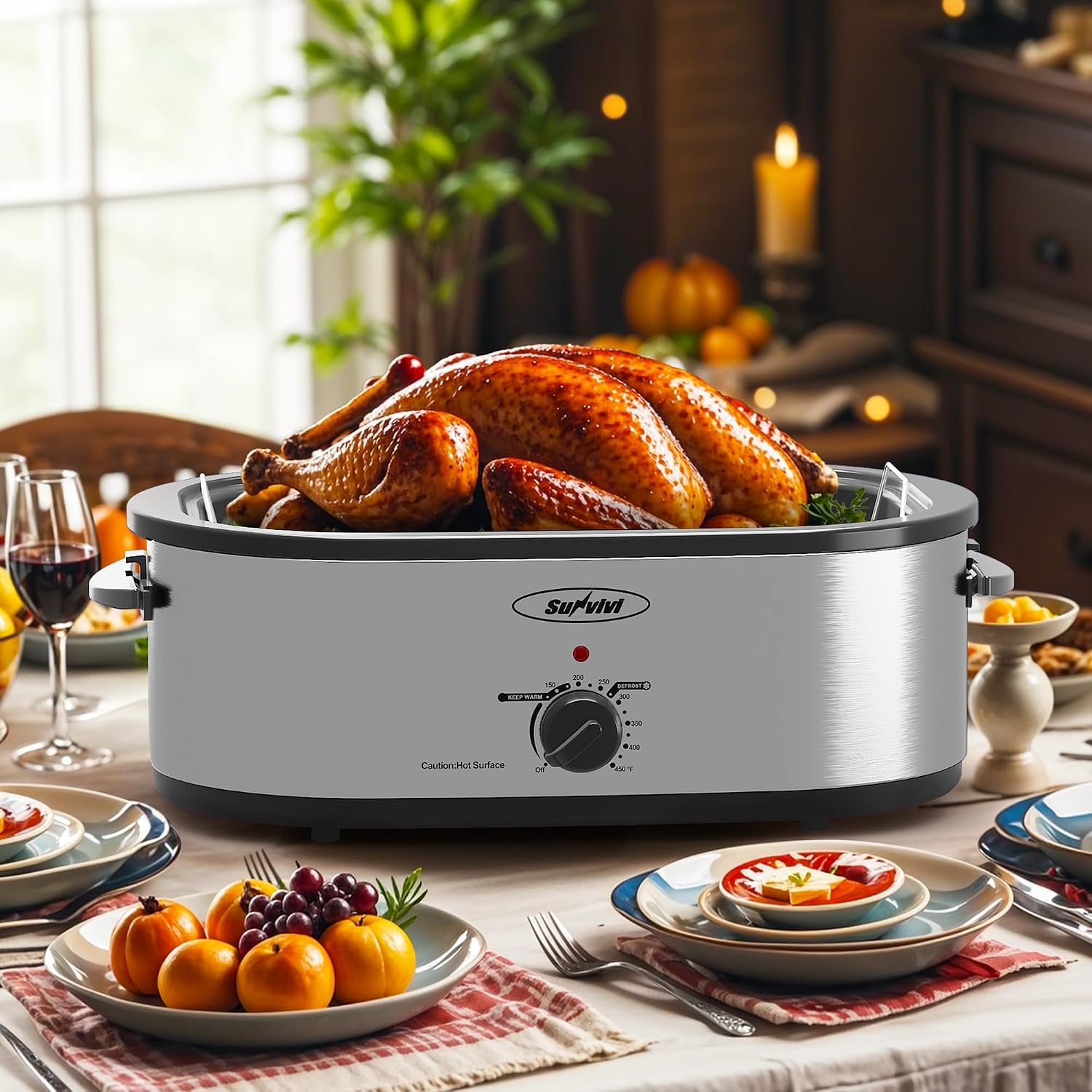 image:imageSunvivi Electric Roaster18 Quart Roasting Oven with SelfBasting Lid Removable PanTurkey Roaster Oven with 150 to 450F Temperature Control CoolTouch HandlesBlackSilver