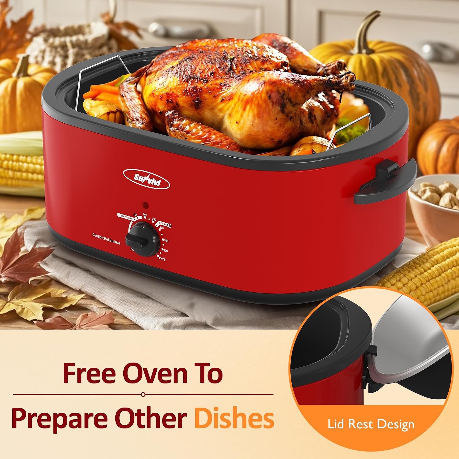 image:imageSunvivi Electric Roaster18 Quart Roasting Oven with SelfBasting Lid Removable PanTurkey Roaster Oven with 150 to 450F Temperature Control CoolTouch HandlesBlackRed