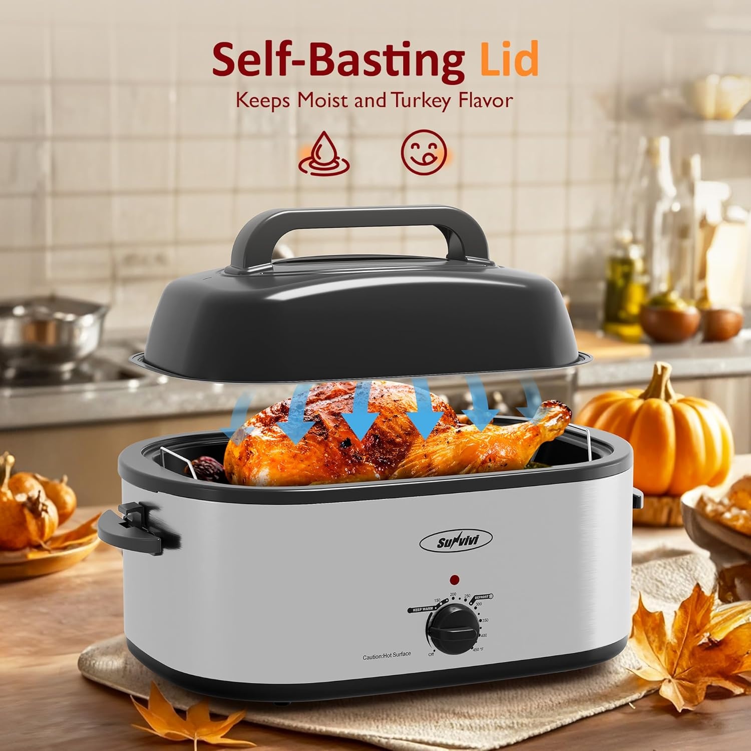 image:imageSunvivi Electric Roaster18 Quart Roasting Oven with SelfBasting Lid Removable PanTurkey Roaster Oven with 150 to 450F Temperature Control CoolTouch HandlesBlackSilver