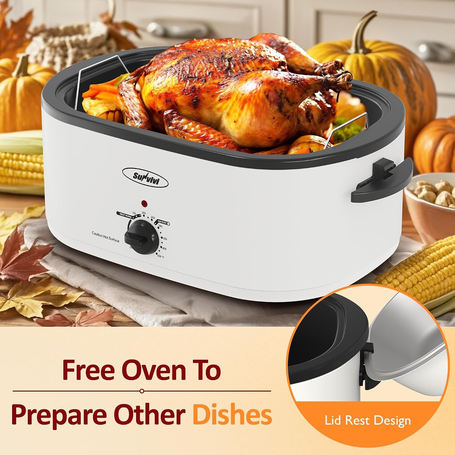 image:imageSunvivi Electric Roaster18 Quart Roasting Oven with SelfBasting Lid Removable PanTurkey Roaster Oven with 150 to 450F Temperature Control CoolTouch HandlesBlackWhite