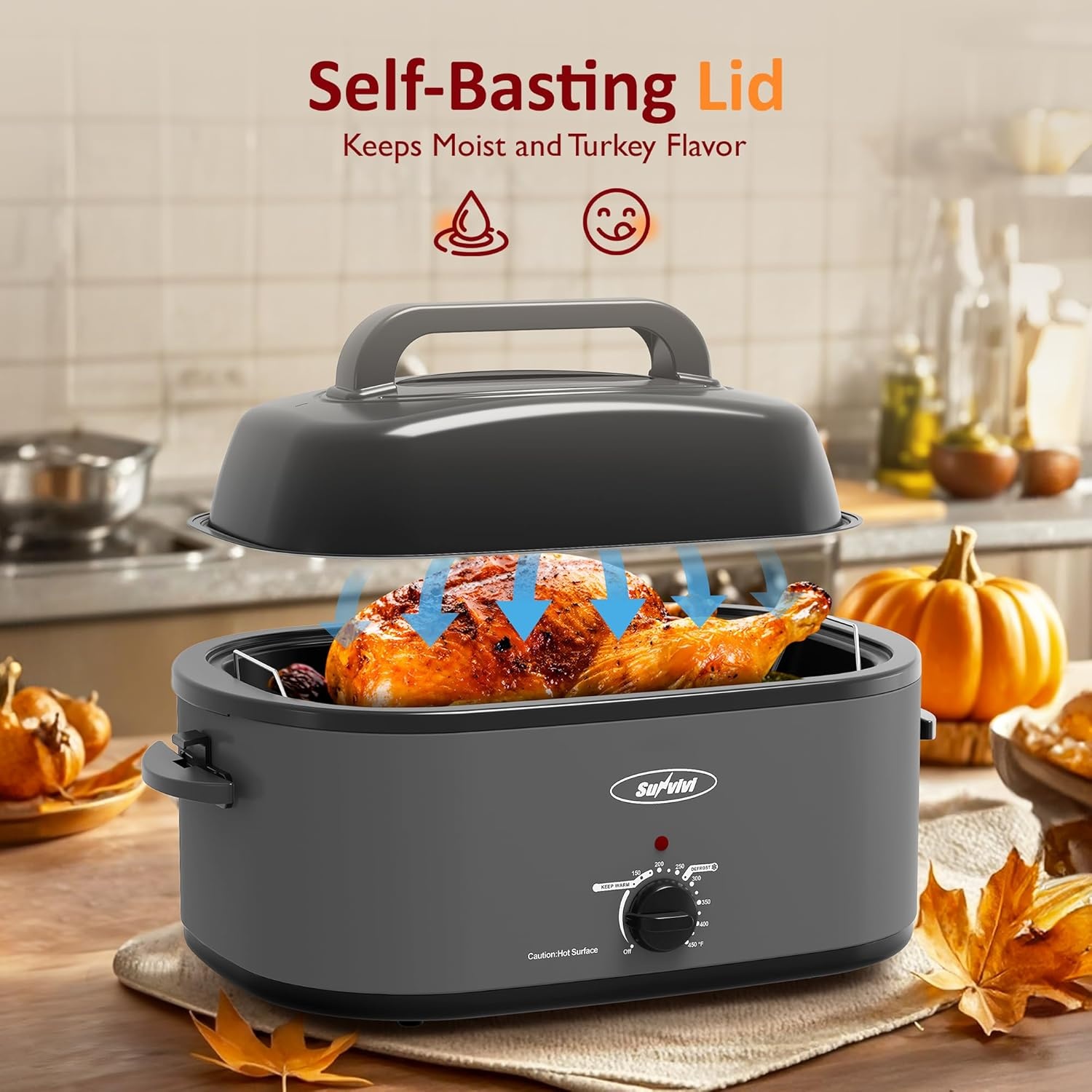 image:imageSunvivi Electric Roaster18 Quart Roasting Oven with SelfBasting Lid Removable PanTurkey Roaster Oven with 150 to 450F Temperature Control CoolTouch HandlesBlackGrey
