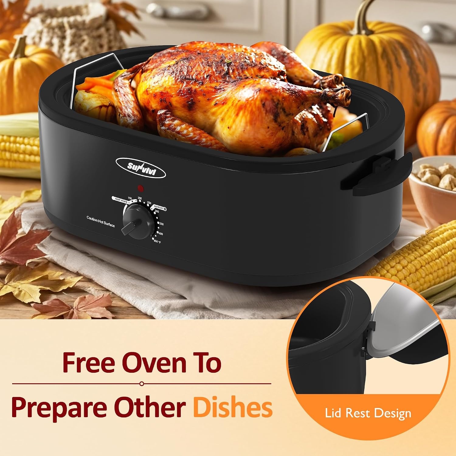 image:imageSunvivi Electric Roaster18 Quart Roasting Oven with SelfBasting Lid Removable PanTurkey Roaster Oven with 150 to 450F Temperature Control CoolTouch HandlesBlackBlack