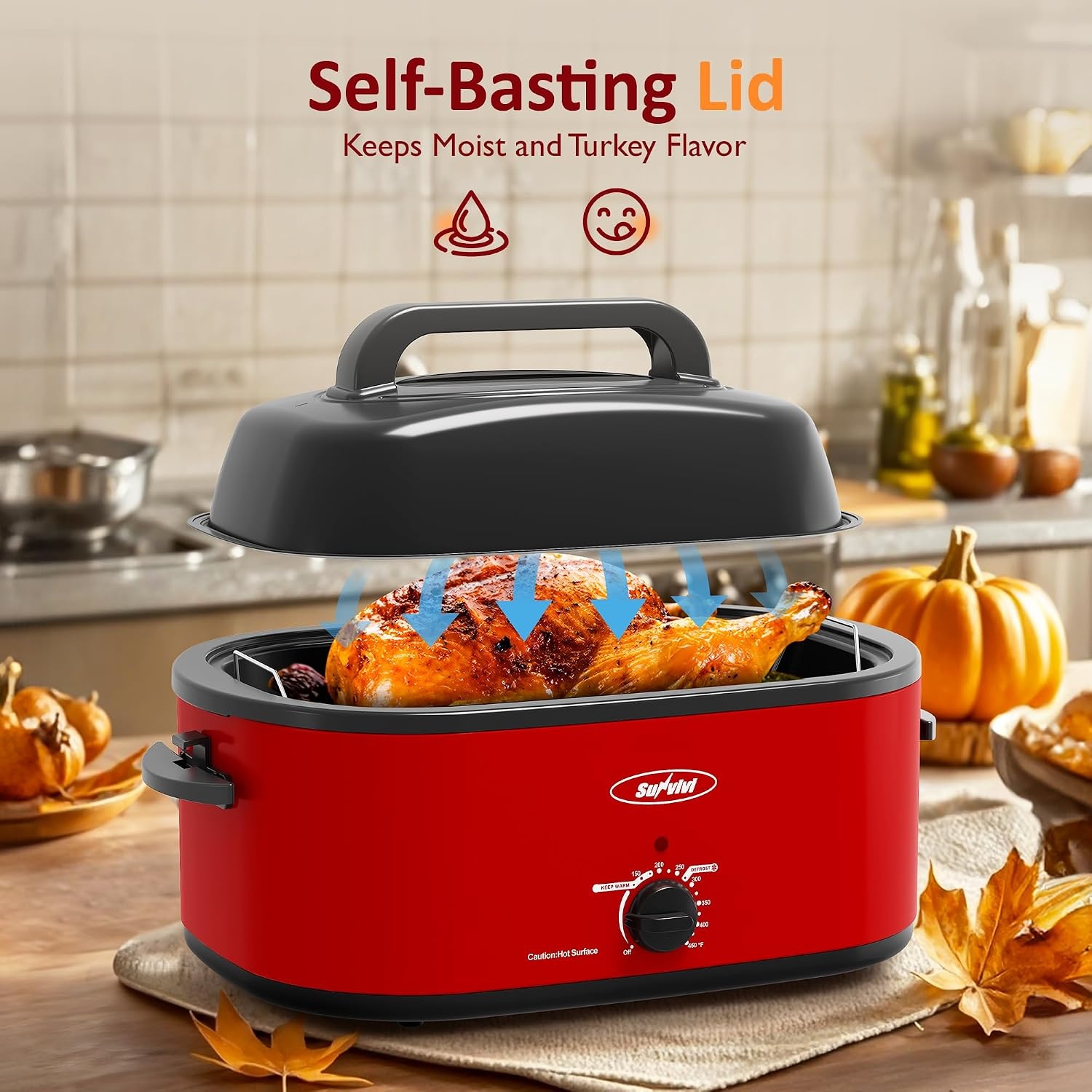 image:imageSunvivi Electric Roaster18 Quart Roasting Oven with SelfBasting Lid Removable PanTurkey Roaster Oven with 150 to 450F Temperature Control CoolTouch HandlesBlackRed