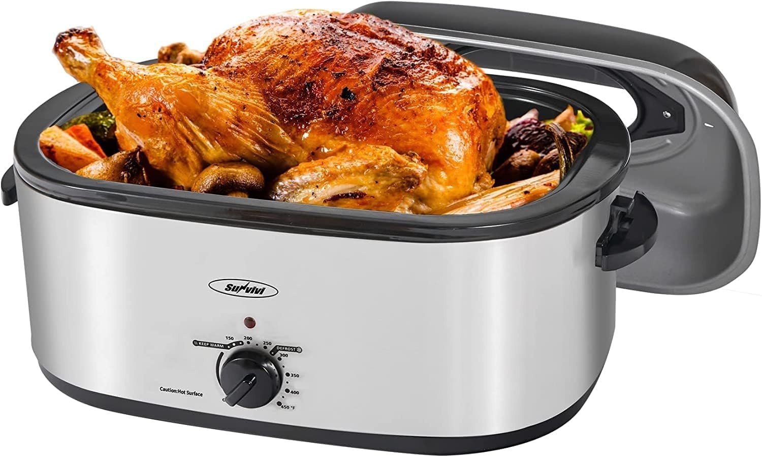image:imageSunvivi Roaster Oven Electric Roaster Oven with Viewing Lid 28lb 24Quart Turkey Roaster with Unique DefrostWarm Function Large Roaster with Removable Pan amp Rack Stainless Steel WhiteSilver