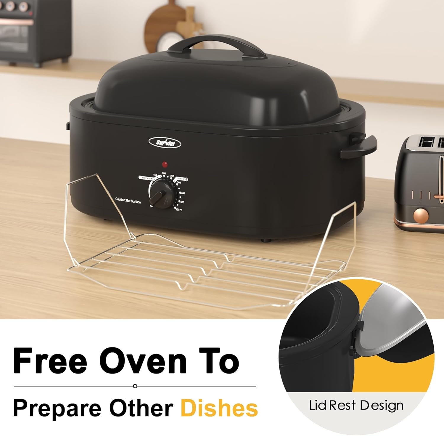 image:imageSunvivi Roaster Oven Electric Roaster Oven with Viewing Lid 28lb 24Quart Turkey Roaster with Unique DefrostWarm Function Large Roaster with Removable Pan amp Rack Stainless Steel WhiteBlack