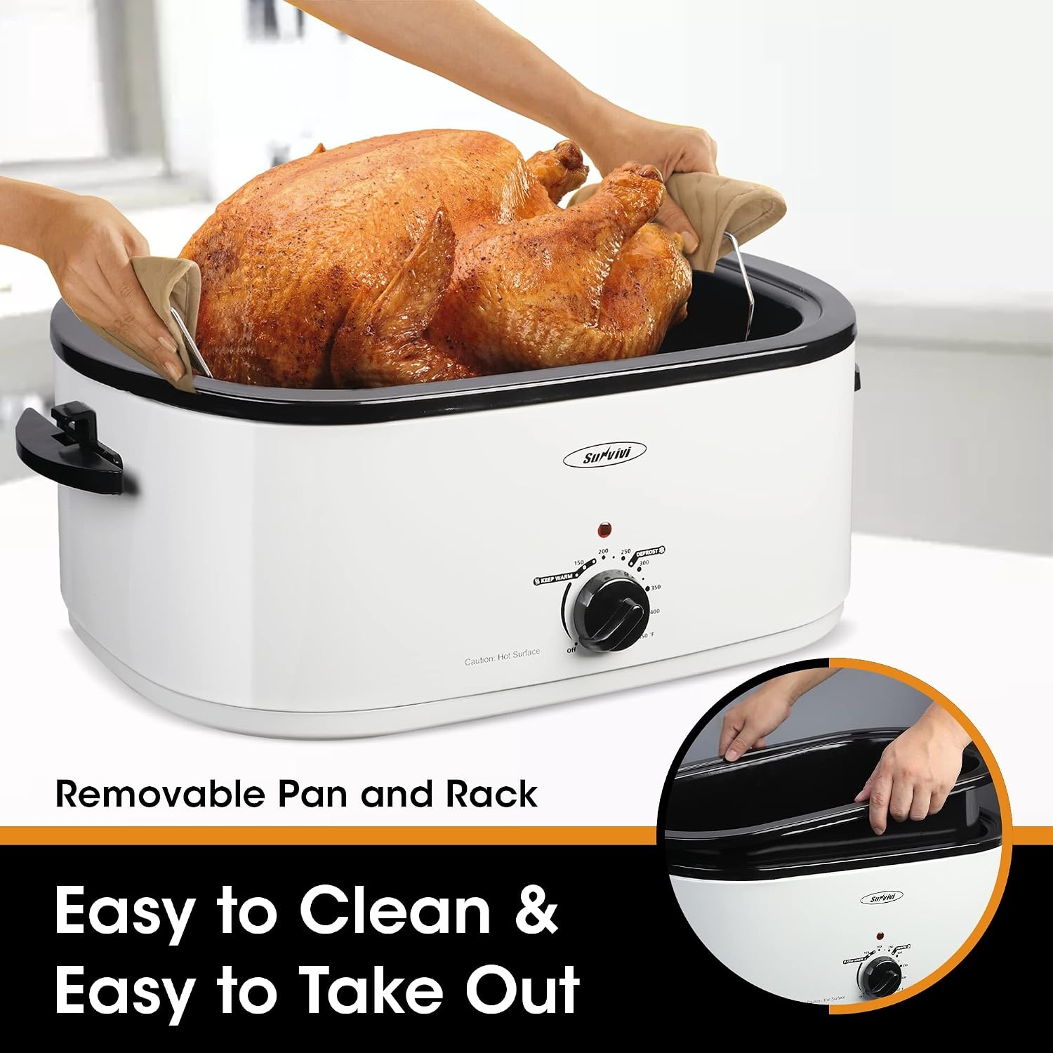 image:imageSunvivi Roaster Oven Electric Roaster Oven with Viewing Lid 28lb 24Quart Turkey Roaster with Unique DefrostWarm Function Large Roaster with Removable Pan amp Rack Stainless Steel WhiteWhite
