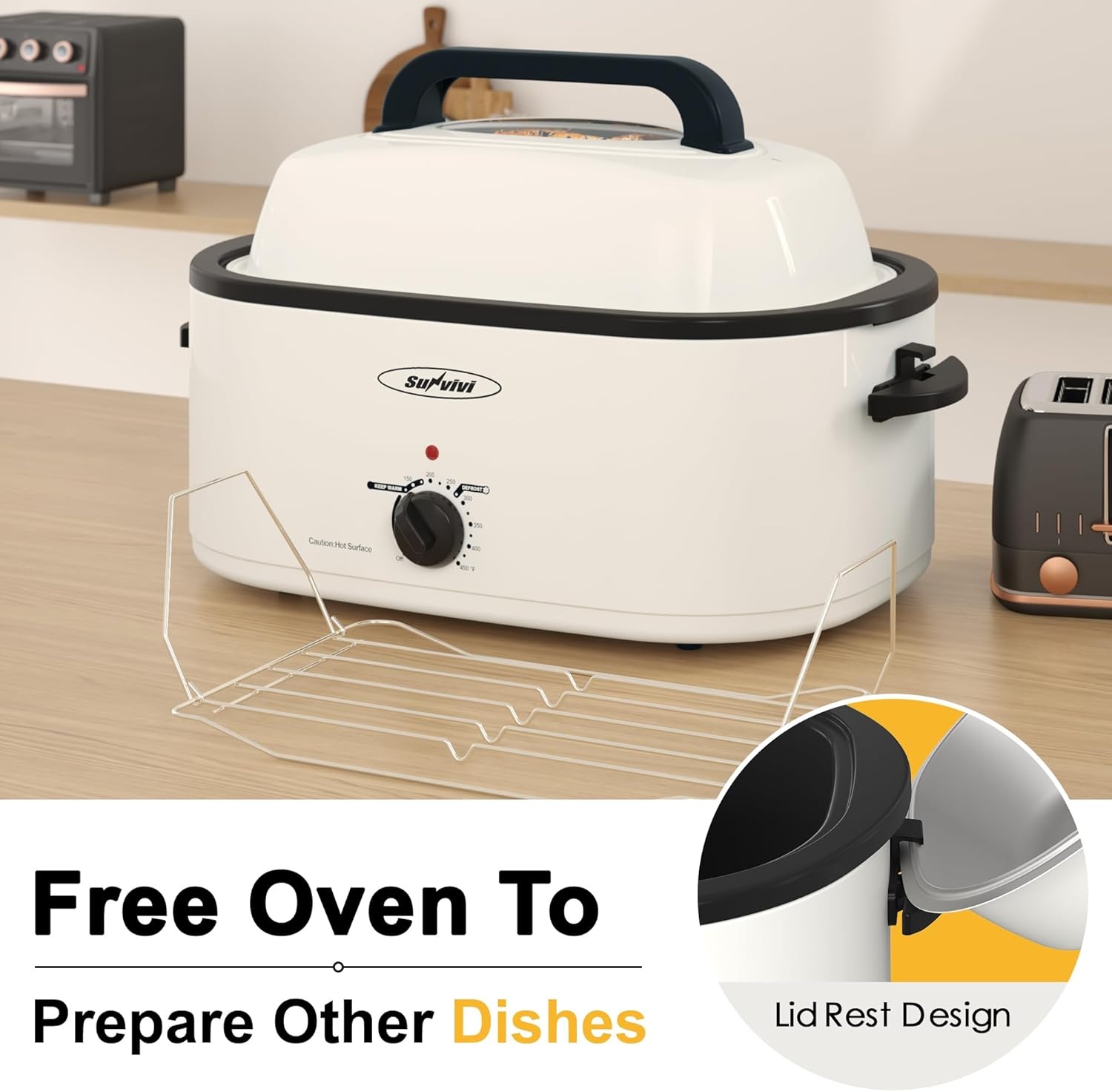image:imageSunvivi Roaster Oven Electric Roaster Oven with Viewing Lid 28lb 24Quart Turkey Roaster with Unique DefrostWarm Function Large Roaster with Removable Pan amp Rack Stainless Steel WhiteWhite